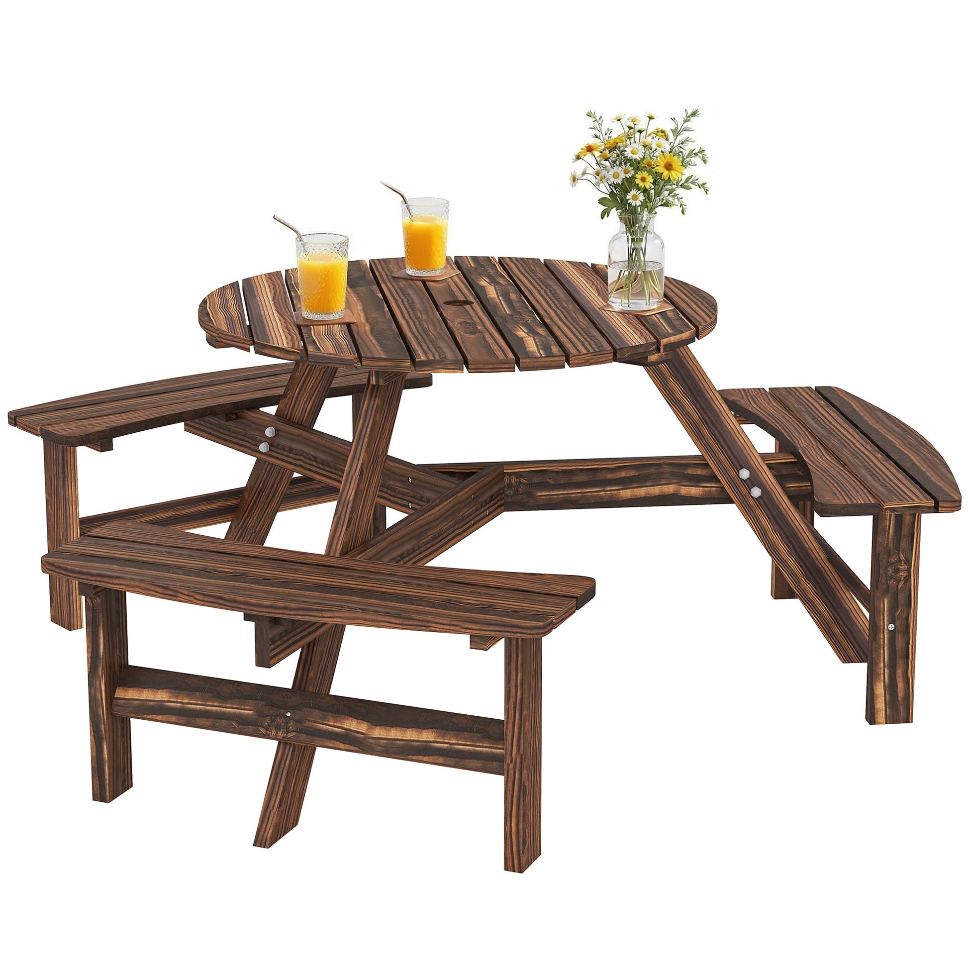 Wooden Garden Dining Set, 6 Seater Round Dining Picnic Table with Matching Bench, Garden Furniture Set with Parasol Hole for Outdoor Patio Party and Family Gatherings, Carbonized