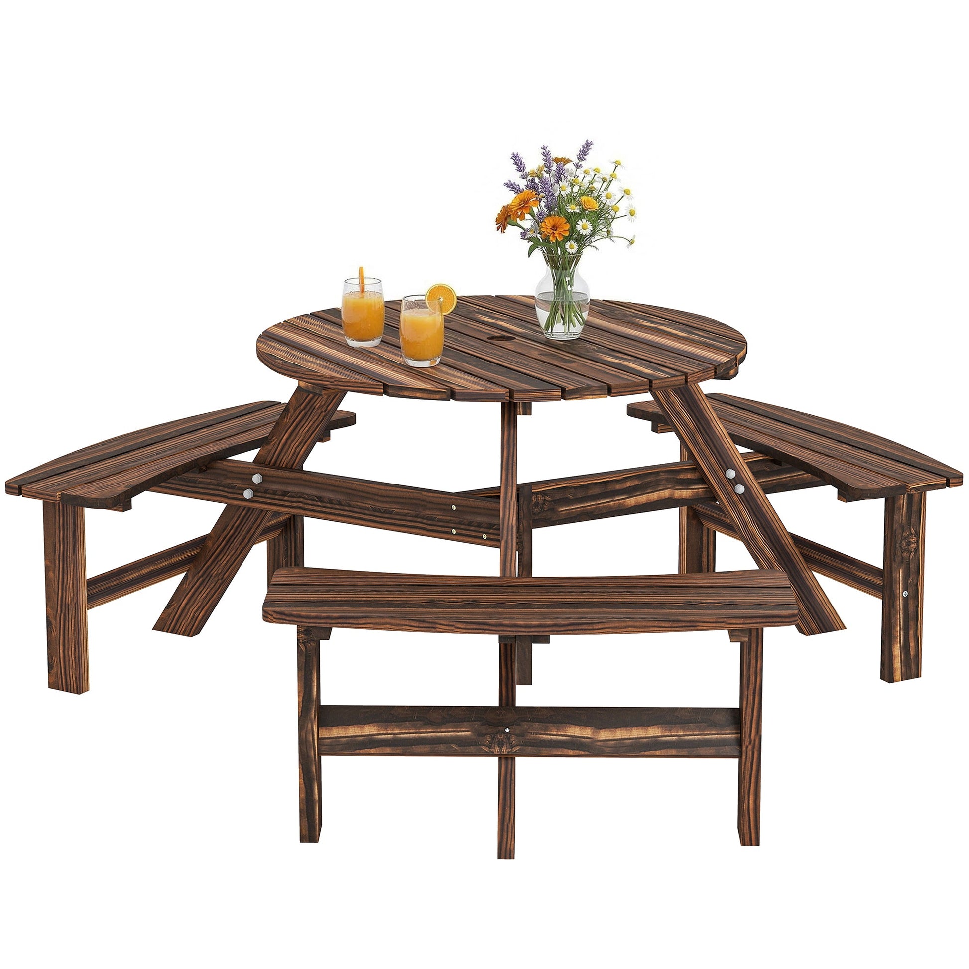 Wooden Garden Dining Set, 6 Seater Round Dining Picnic Table with Matching Bench, Garden Furniture Set with Parasol Hole for Outdoor Patio Party and Family Gatherings, Carbonized