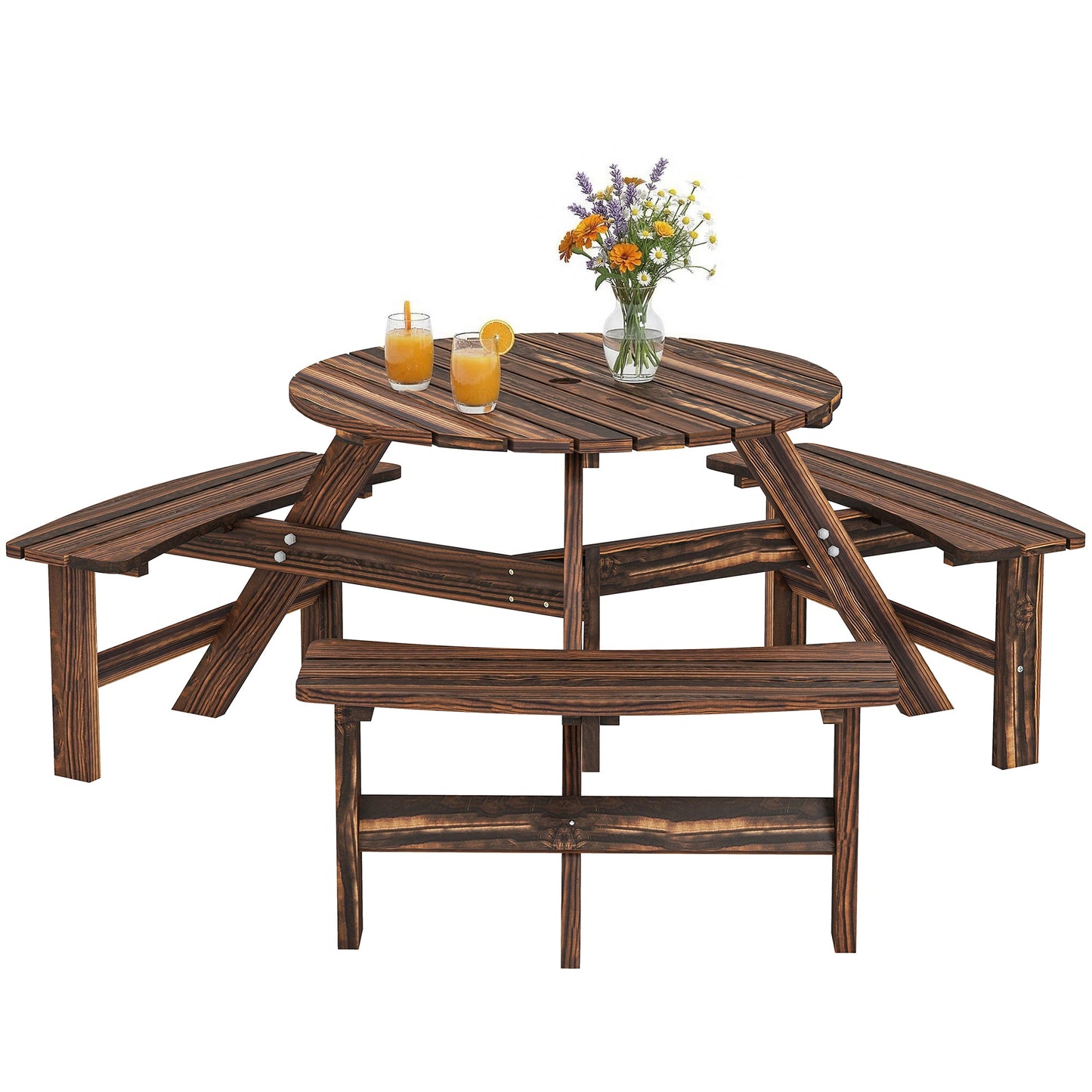 Wooden Garden Dining Set, 6 Seater Round Dining Picnic Table with Matching Bench, Garden Furniture Set with Parasol Hole for Outdoor Patio Party and Family Gatherings, Carbonized
