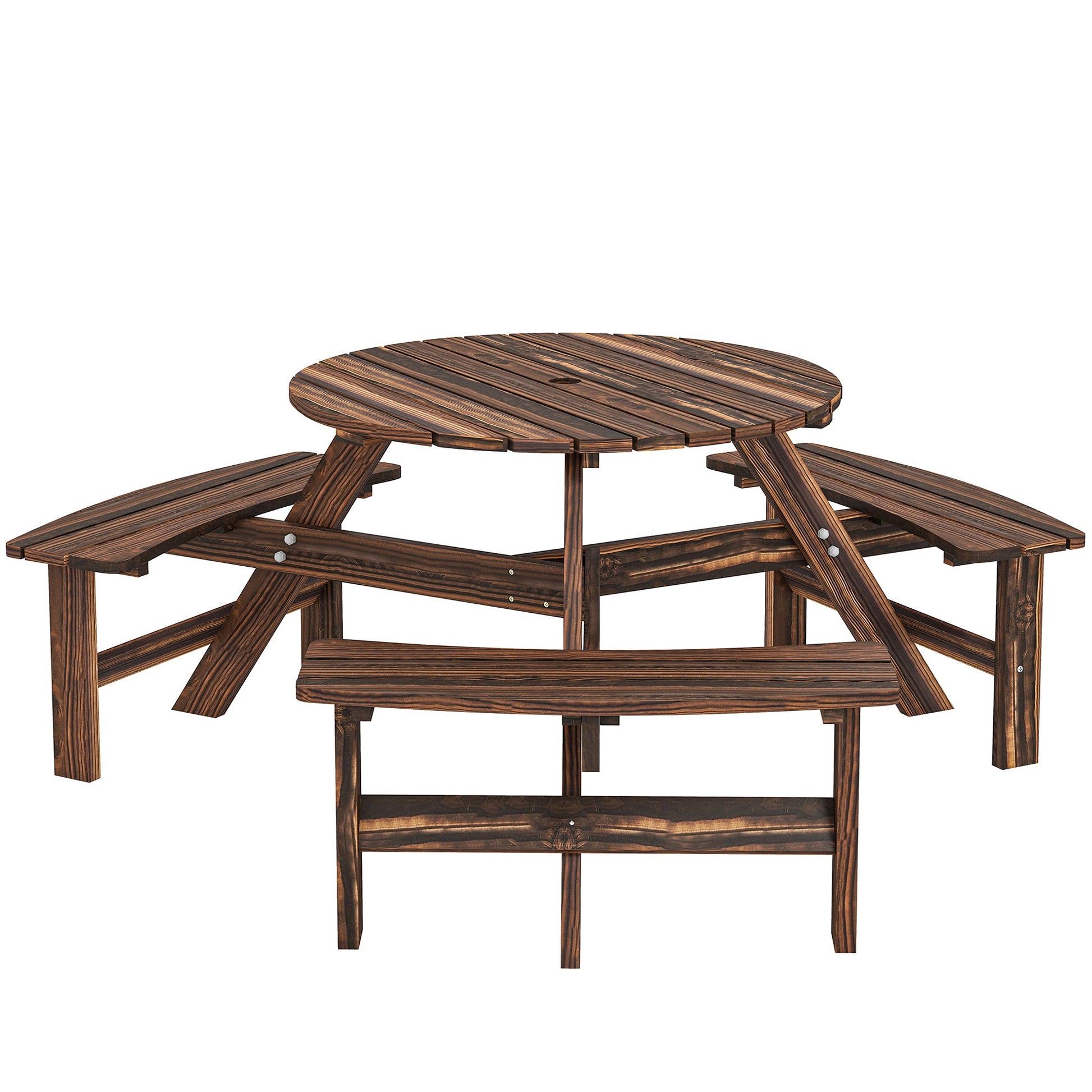 Wooden Garden Dining Set, 6 Seater Round Dining Picnic Table with Matching Bench, Garden Furniture Set with Parasol Hole for Outdoor Patio Party and Family Gatherings, Carbonized