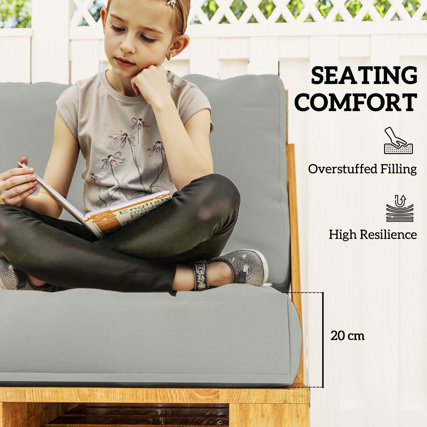 2 Seater Pallet Furniture Cushions Pallet Cushions, UPF20+ 220gsm Fabric, 20 cm Thick Outdoor Seat Pads, Light Grey