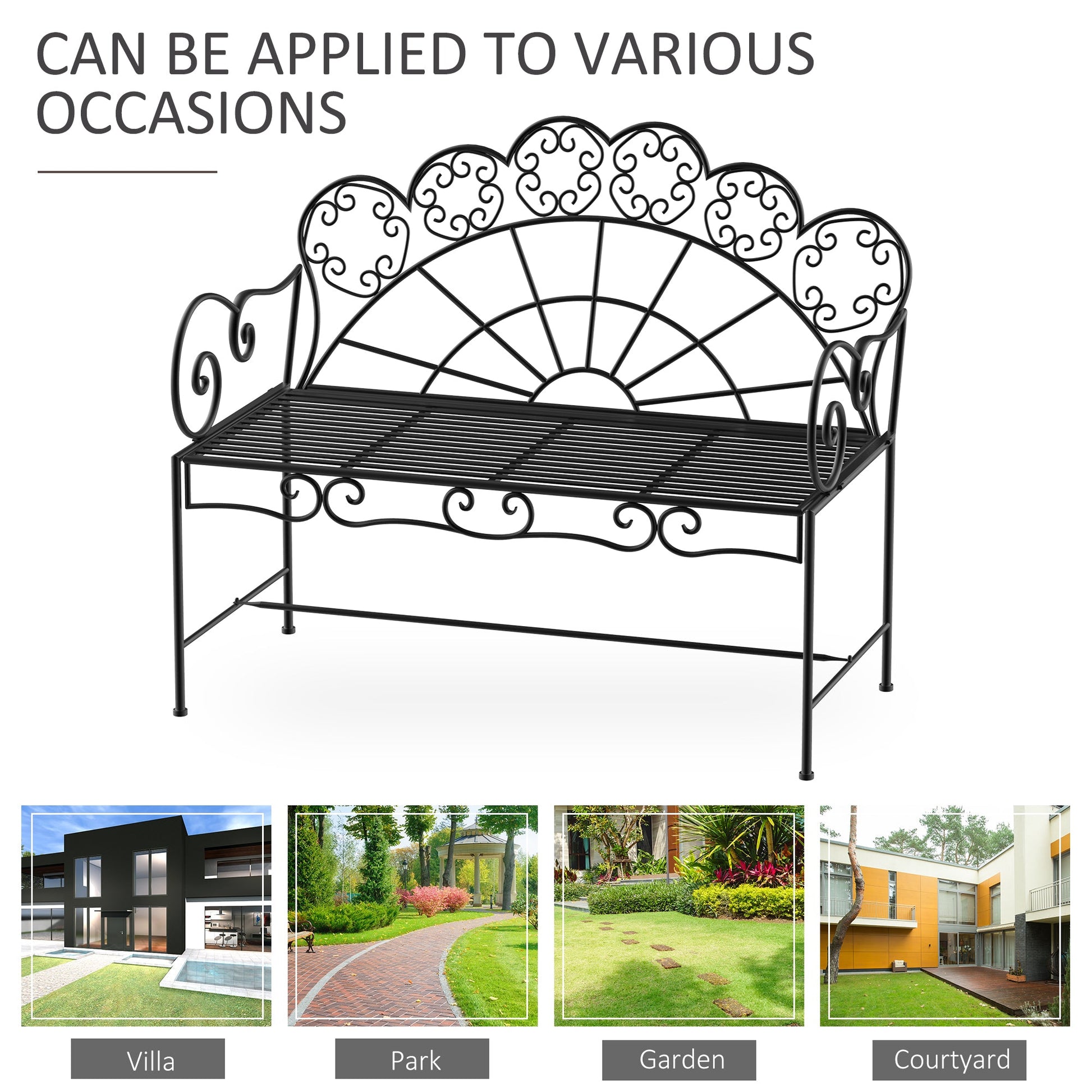 Garden Bench, 2 Seater Outdoor Patio Bench, Metal Garden Loveseat with Slatted Seat, 200 KG Capacity for Park Balcony Porch, 107 x 55.5 x 92 cm, Black
