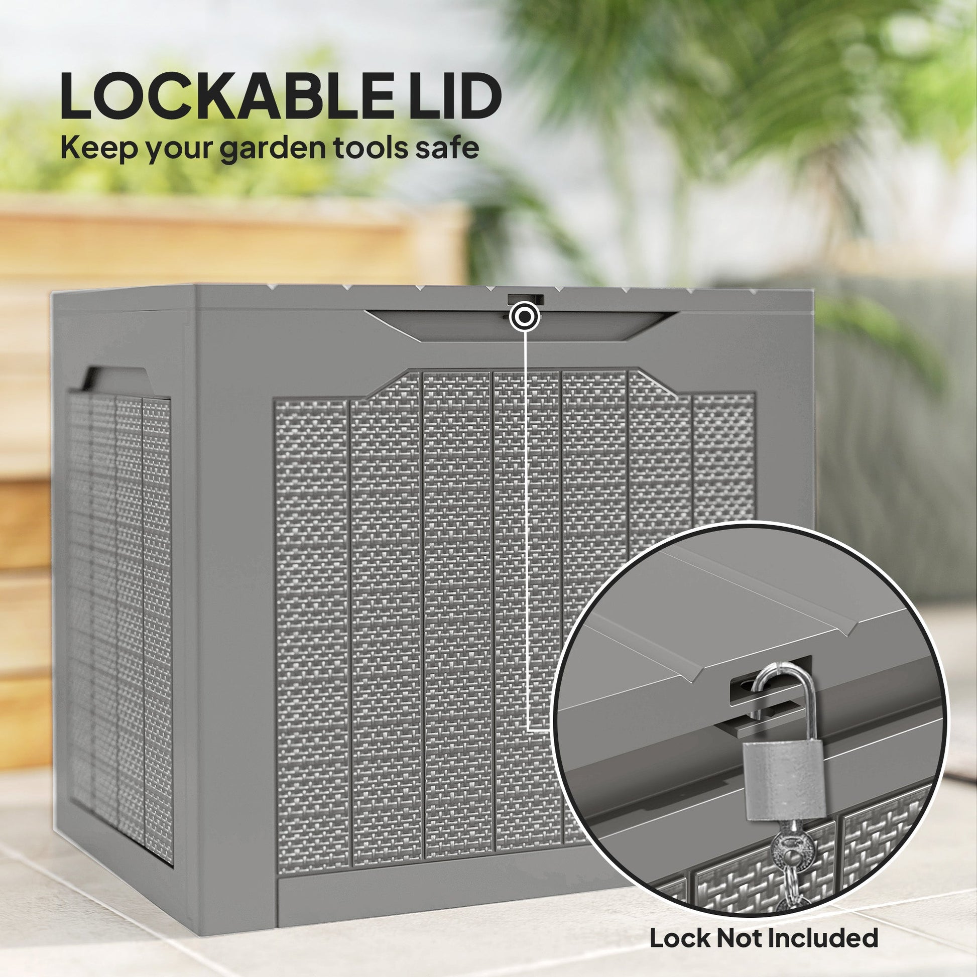 93L Plastic Garden Storage Box, Outdoor Storage Box with Handles, Waterproof Outdoor Storage Container for Garden Tools and Accessories, Khaki