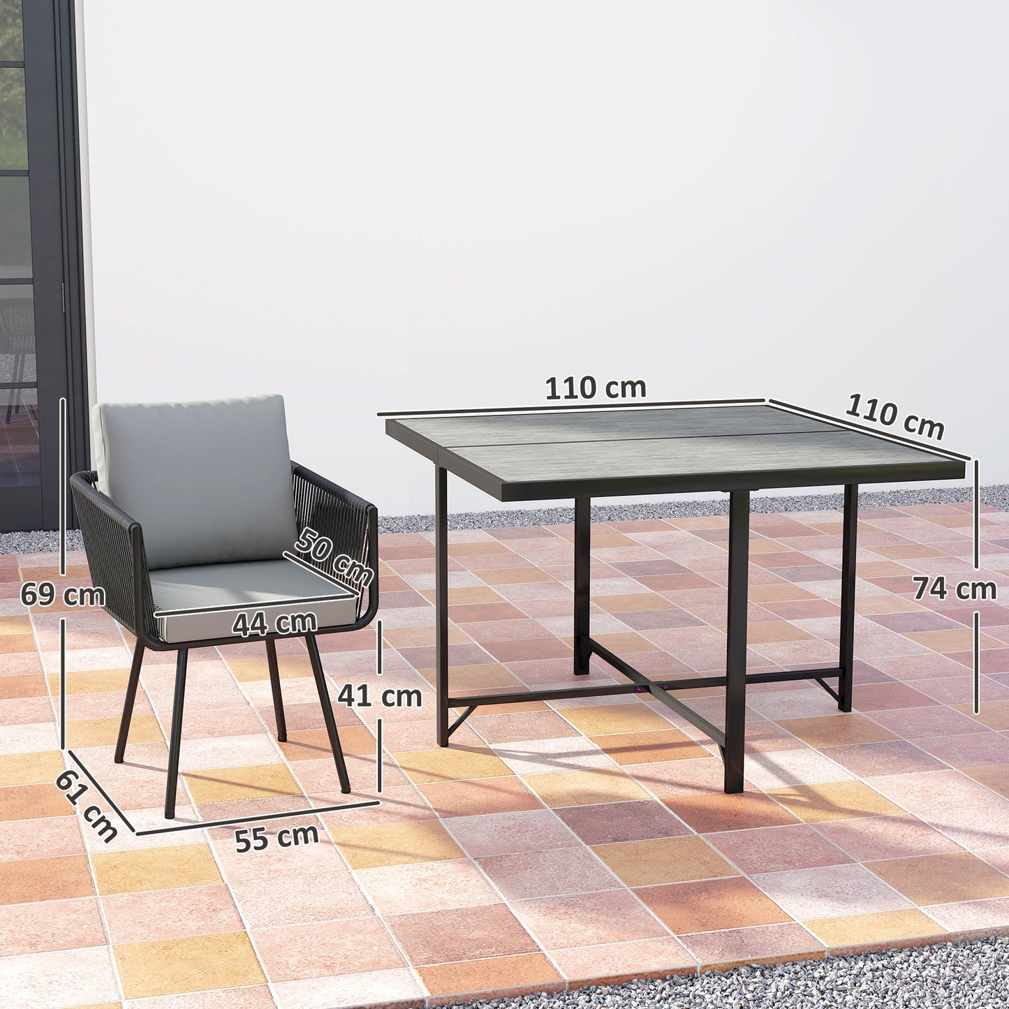 5 Piece Rattan Garden Furniture Set, Garden Dining Set with Wood-Plastic Table and 4 Stackable Chairs, Rattan Table and Chairs with 4 Cushions for Patio, Terrace, Light Grey