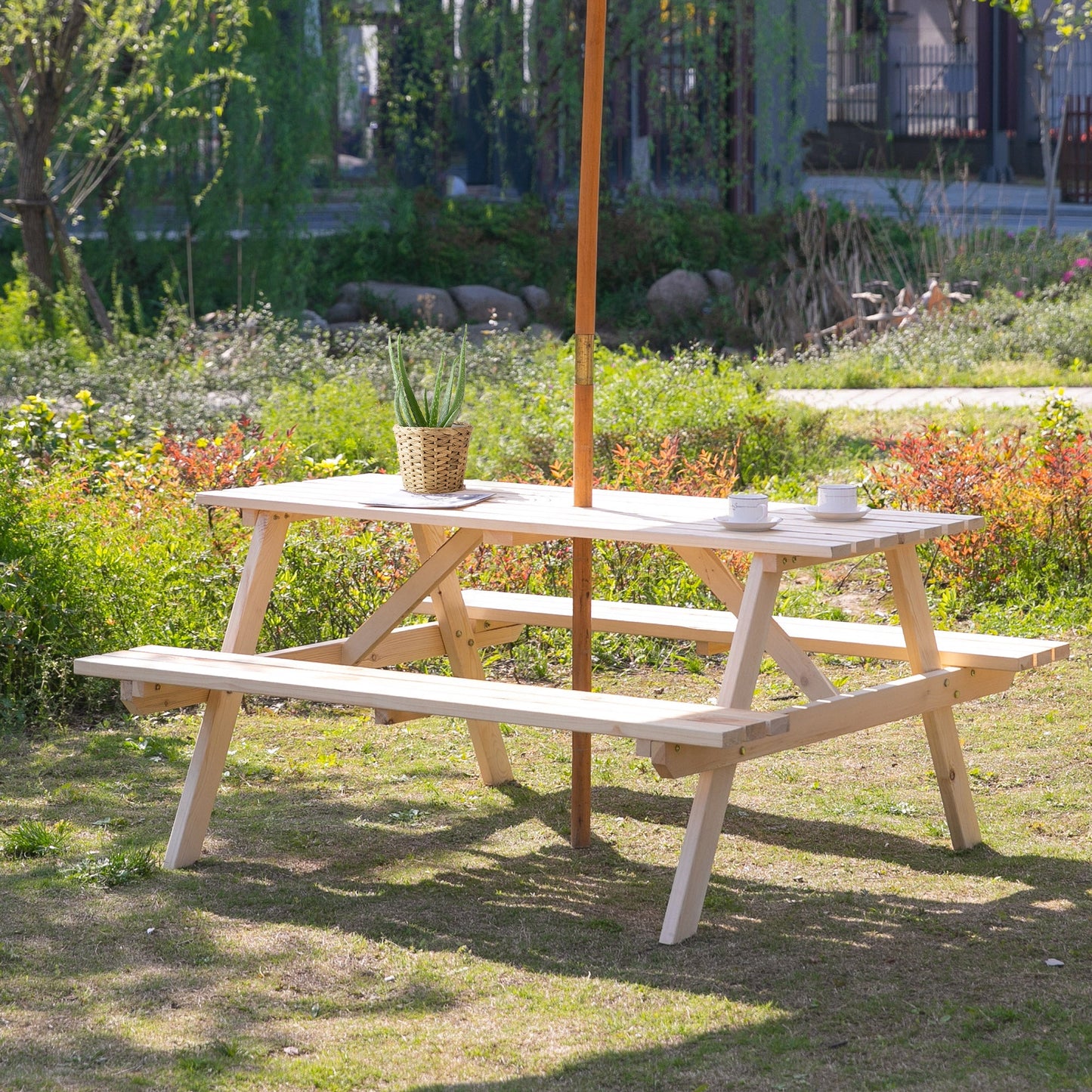 6 Seater Wooden Picnic Table Bench for Outdoor Garden or Patio with Parasol Cutout 150 cm Natural Wood Finish