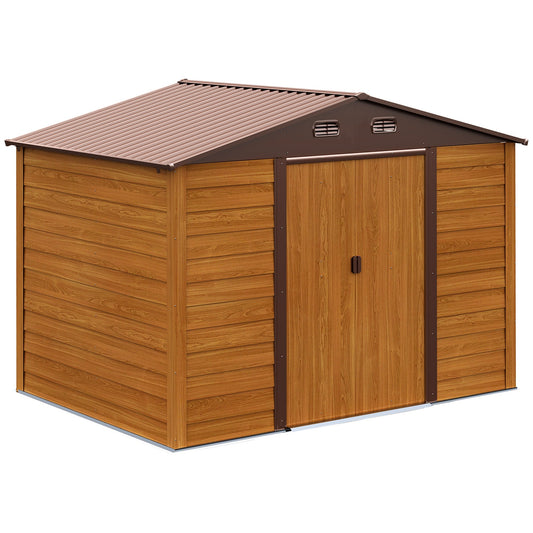 9 x 6ft Garden Shed, Metal Storage Tool House Gardening Tool Storage with Shutter Vents, Brown