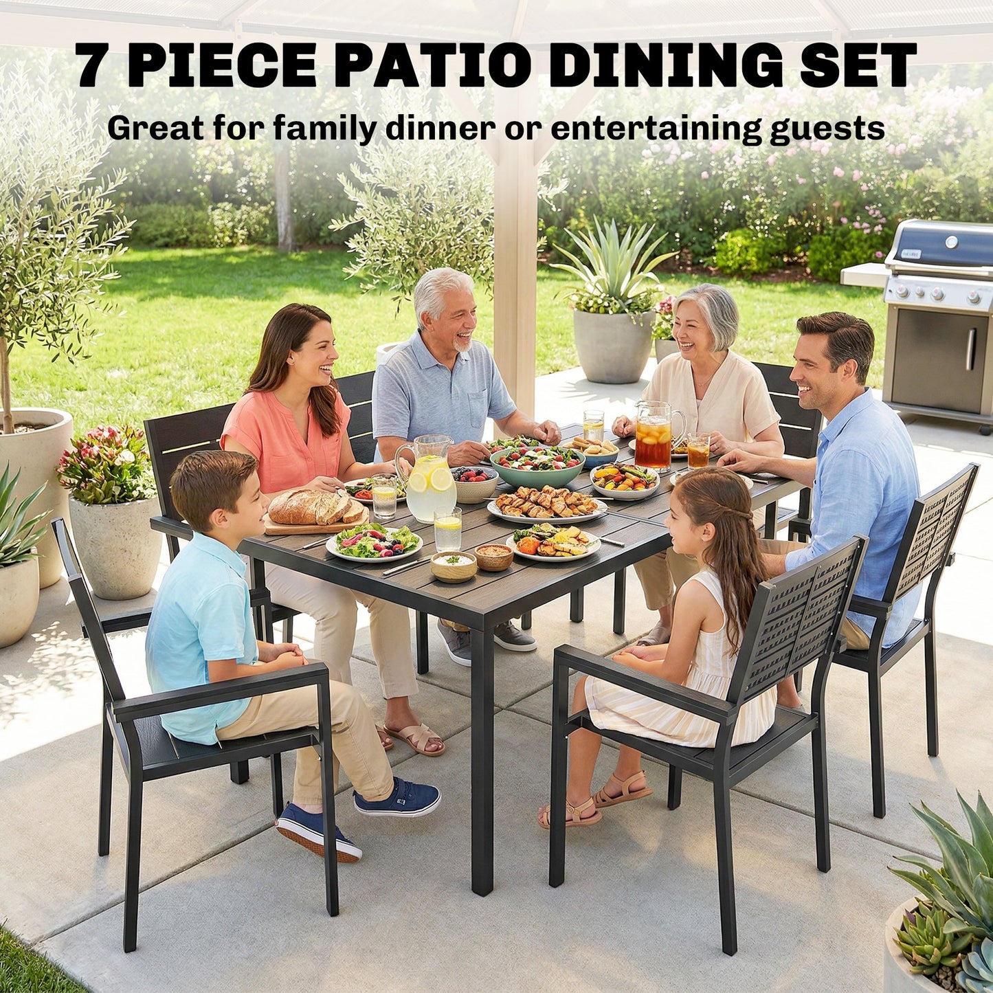 7 Pieces Outdoor Dining Set, Patio Table and Chairs for 6, Garden Dining Furniture Set with Slatted Tabletop and Metal Frame for Balcony, Patio, Backyard, Black