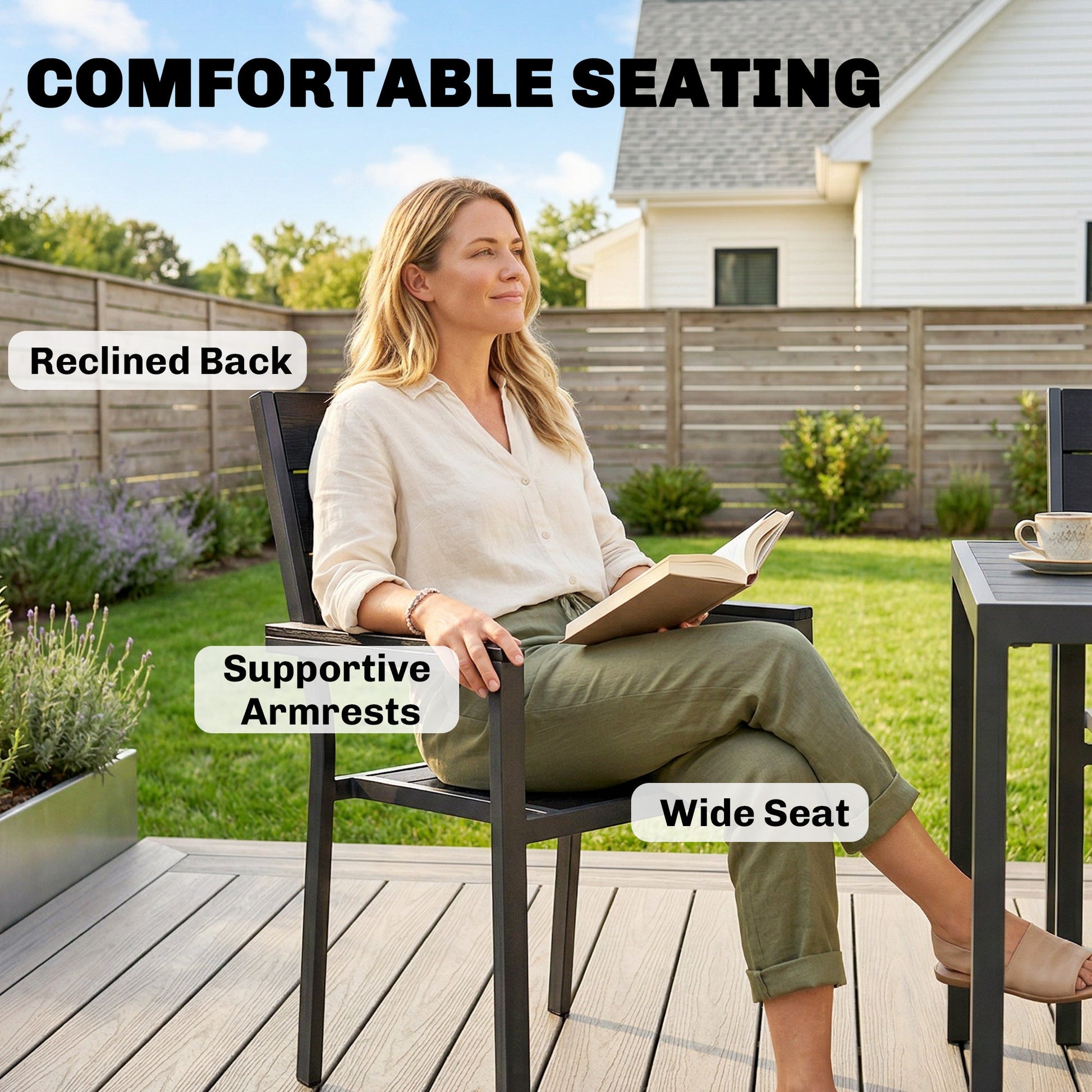 7 Pieces Outdoor Dining Set, Patio Table and Chairs for 6, Garden Dining Furniture Set with Slatted Tabletop and Metal Frame for Balcony, Patio, Backyard, Black