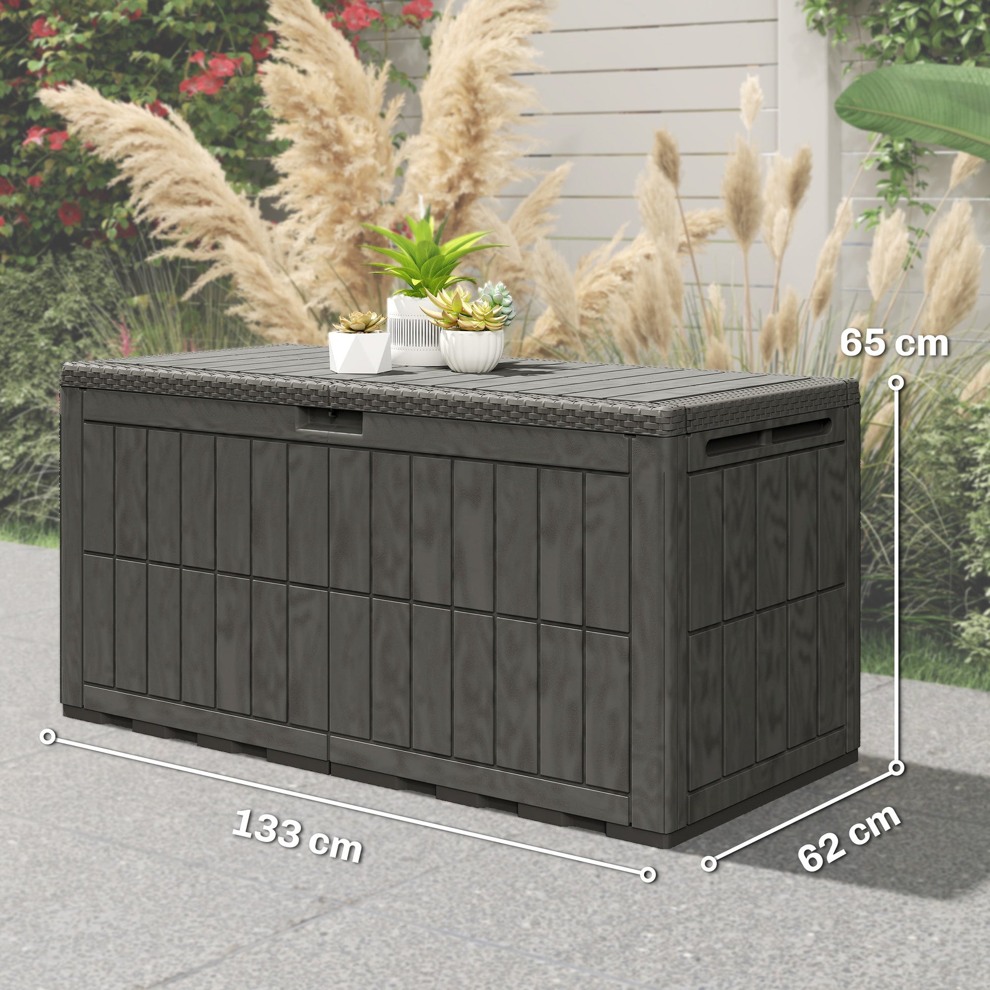 440L Garden Storage Box, Waterproof Resin Deck Box with Lockable Lid, Pneumatic Gas Rods, Side Handles, UV Resistant Wood Texture Outdoor Patio Storage Container for Garden Tools