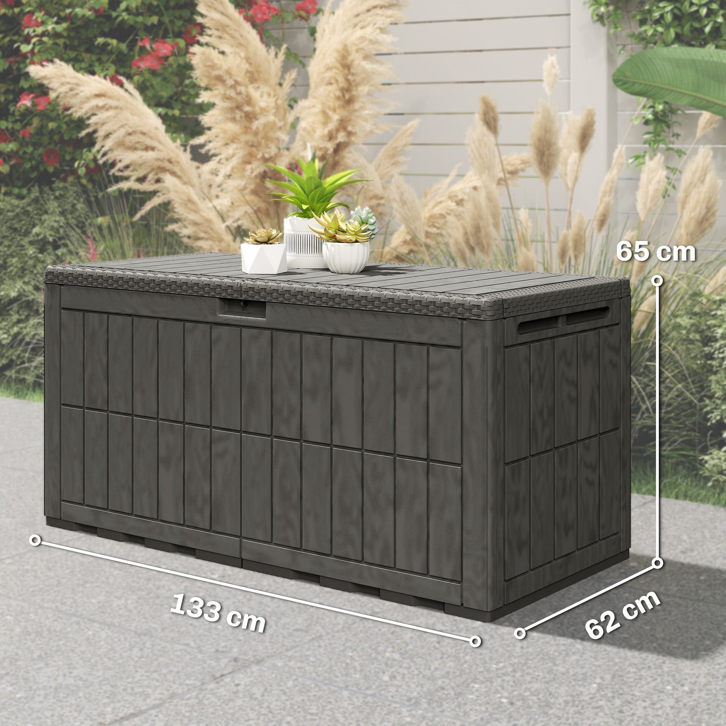 440L Garden Storage Box, Waterproof Resin Deck Box with Lockable Lid, Pneumatic Gas Rods, Side Handles, UV Resistant Wood Texture Outdoor Patio Storage Container for Garden Tools