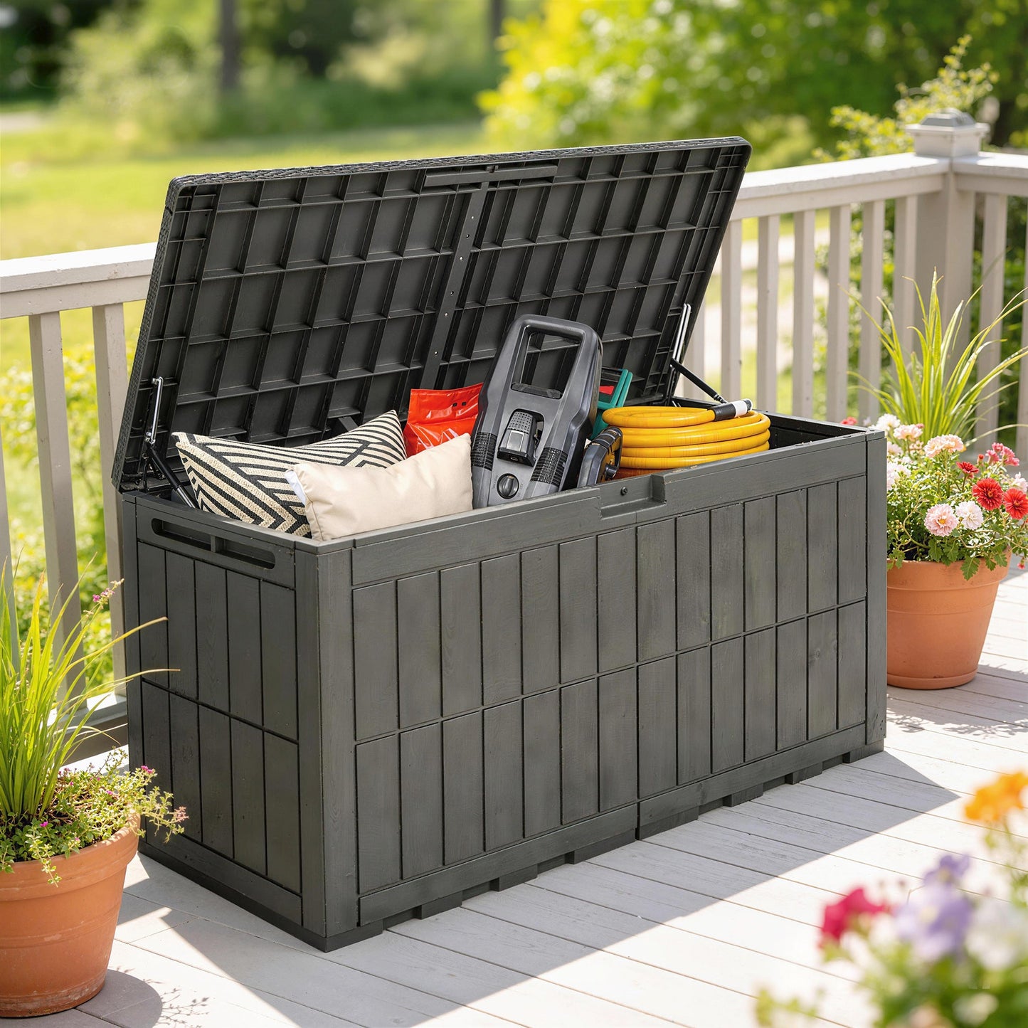 440L Garden Storage Box, Waterproof Resin Deck Box with Lockable Lid, Pneumatic Gas Rods, Side Handles, UV Resistant Wood Texture Outdoor Patio Storage Container for Garden Tools