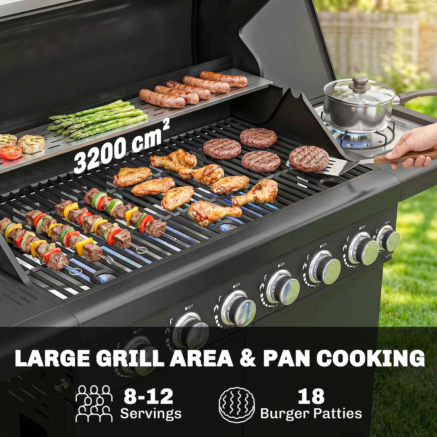6+1 Burner Gas BBQ Grill, Portable Outdoor Barbecue Trolley with Wheels, Warming Rack, Built-in Thermometer, Side Shelves, Cabinet, Bottle Opener, Lid with Viewing Window, Black
