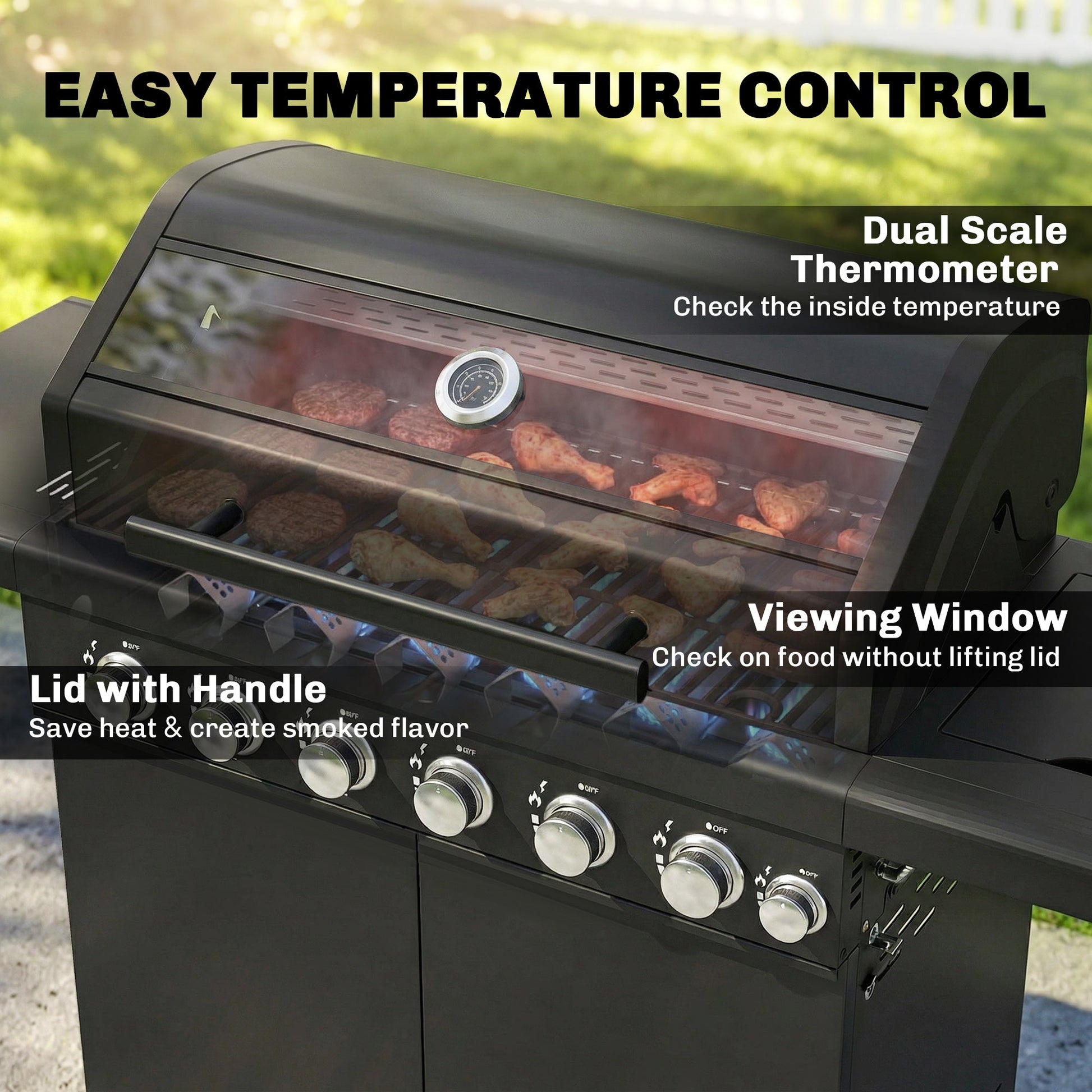 6+1 Burner Gas BBQ Grill, Portable Outdoor Barbecue Trolley with Wheels, Warming Rack, Built-in Thermometer, Side Shelves, Cabinet, Bottle Opener, Lid with Viewing Window, Black