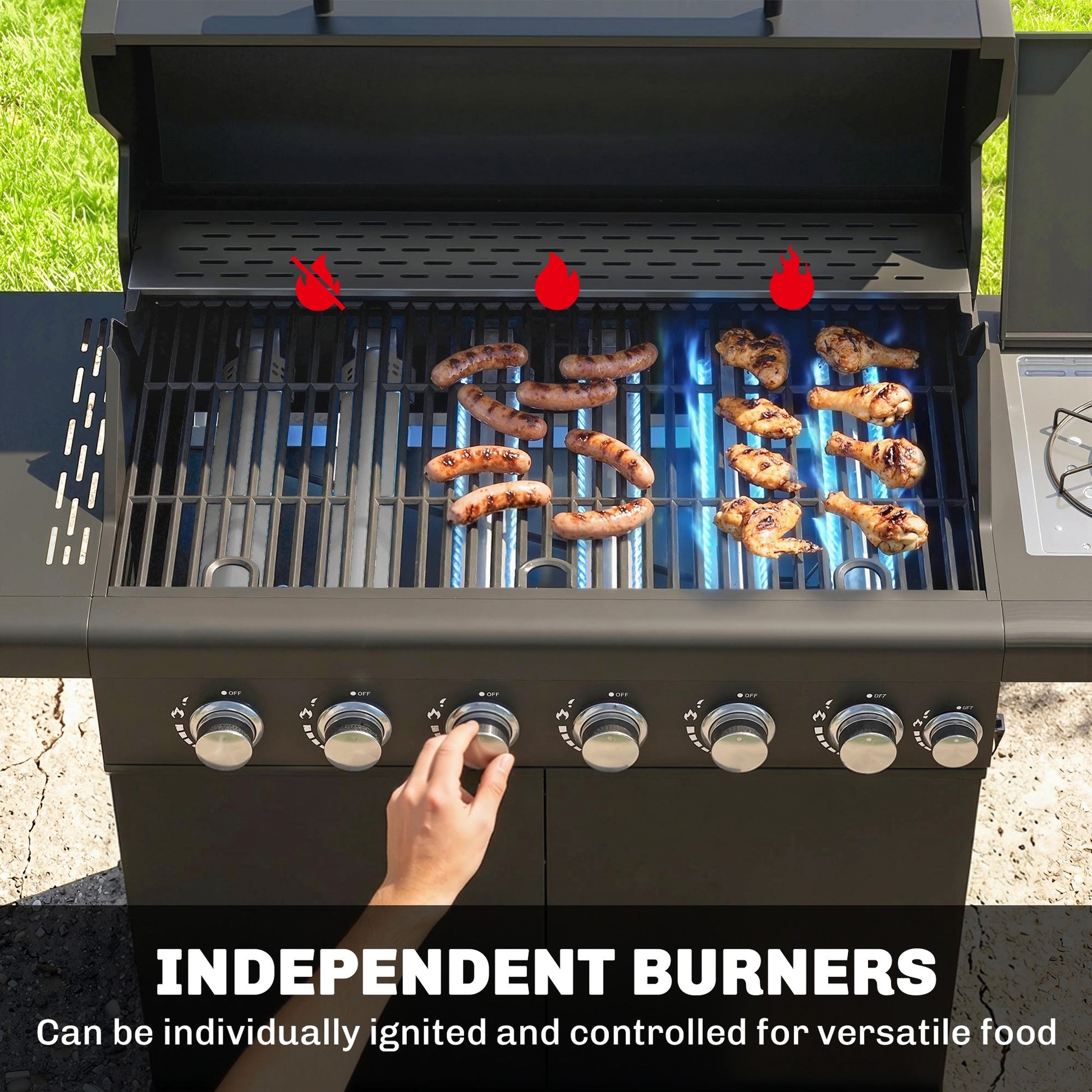 6+1 Burner Gas BBQ Grill, Portable Outdoor Barbecue Trolley with Wheels, Warming Rack, Built-in Thermometer, Side Shelves, Cabinet, Bottle Opener, Lid with Viewing Window, Black