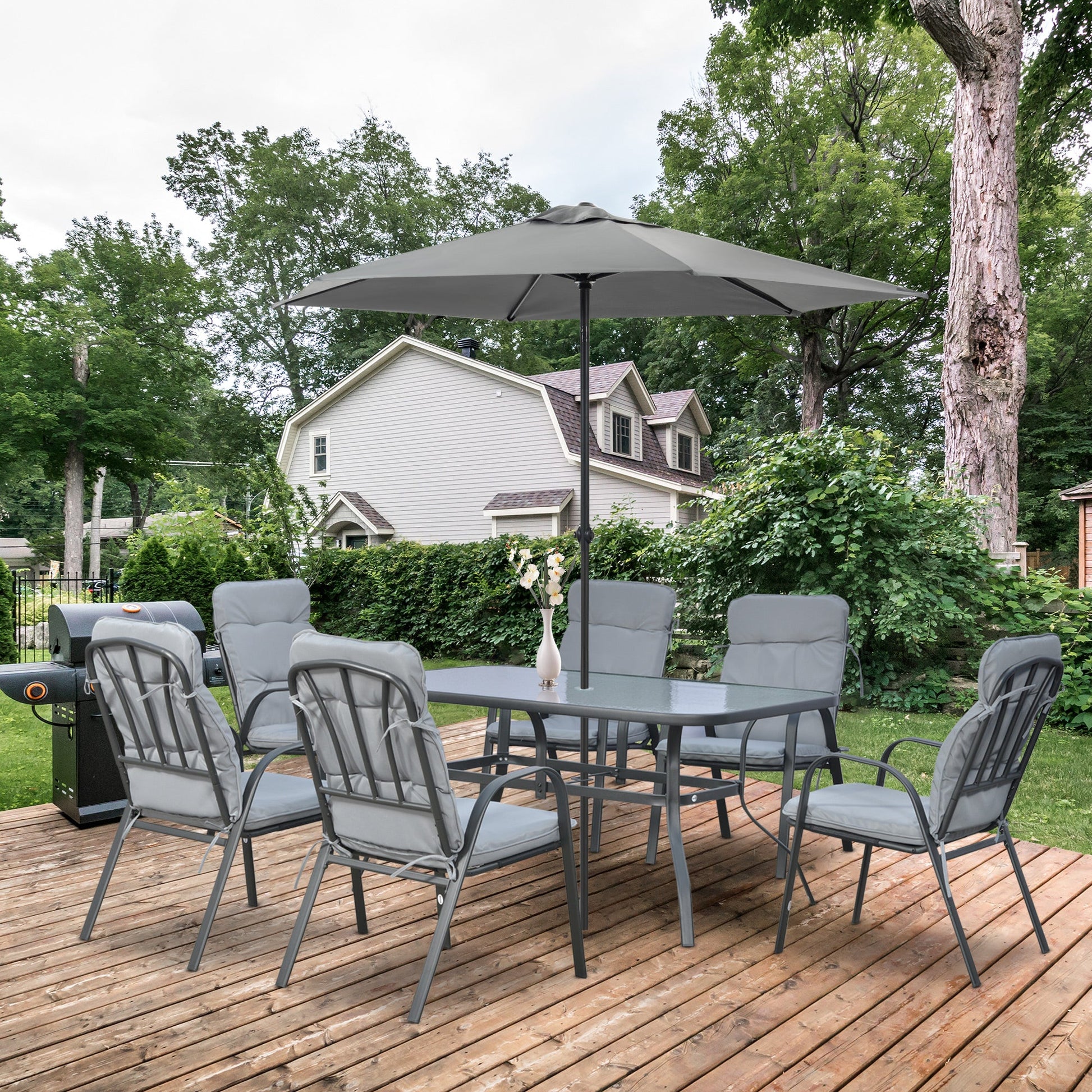 7 Pieces Garden Dining Set, Outdoor Dining Set with Cushions, Tempered Glass Top Table, Umbrella Hole, Texteline Seats, 6 Seater Garden Table and Chairs, Grey