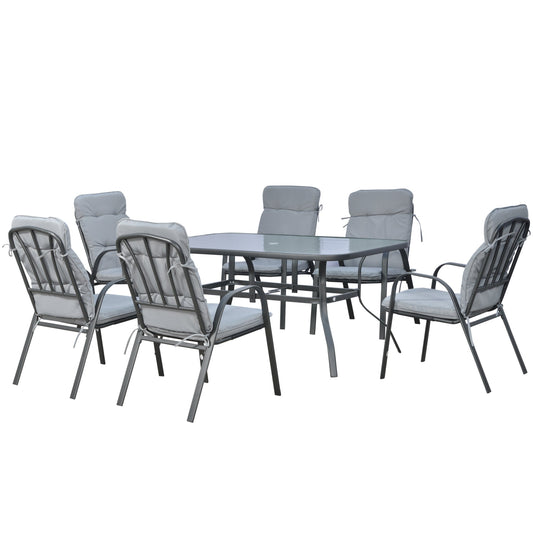 7 Pieces Garden Dining Set, Outdoor Dining Set with Cushions, Tempered Glass Top Table, Umbrella Hole, Texteline Seats, 6 Seater Garden Table and Chairs, Grey
