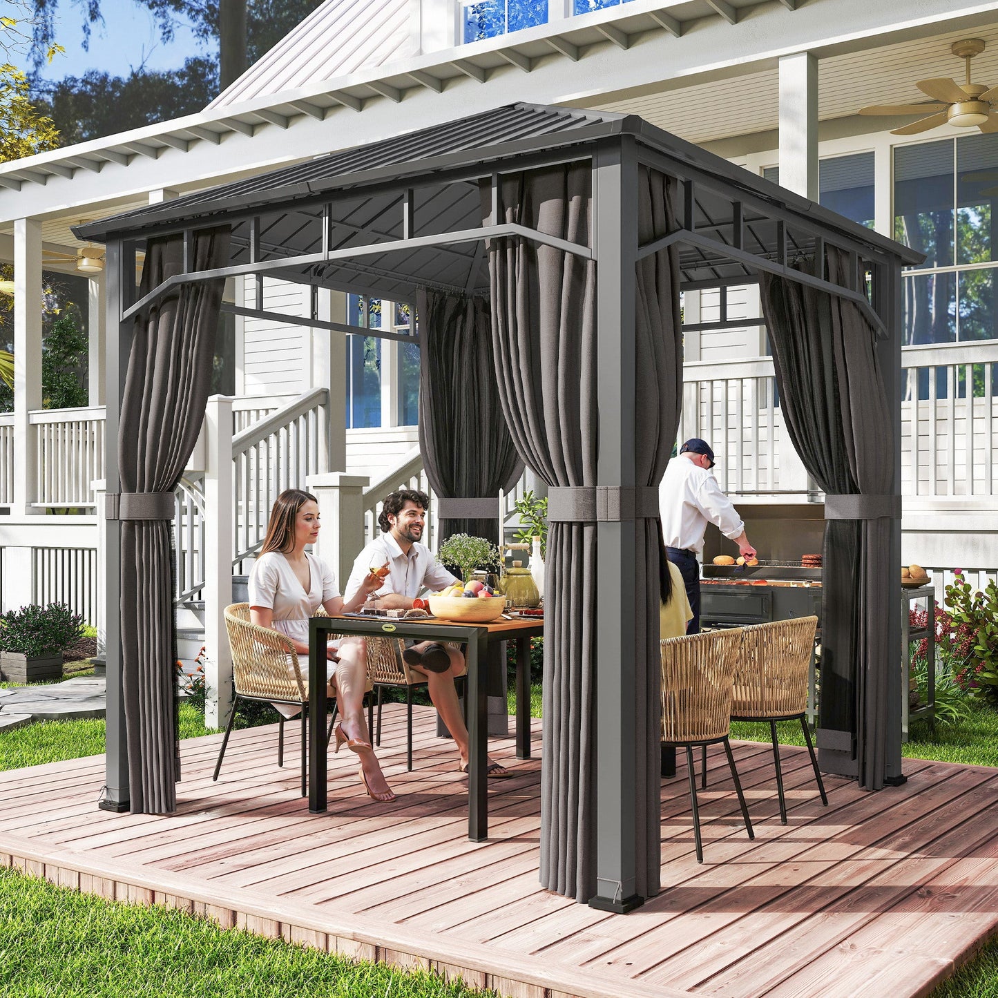 2.5 x 2.5 m Hardtop Gazebo with Galvanised Steel Roof, Waterproof Permanent Pavilion Garden Gazebo with Netting and Curtains for Patio, Deck, Dark Grey