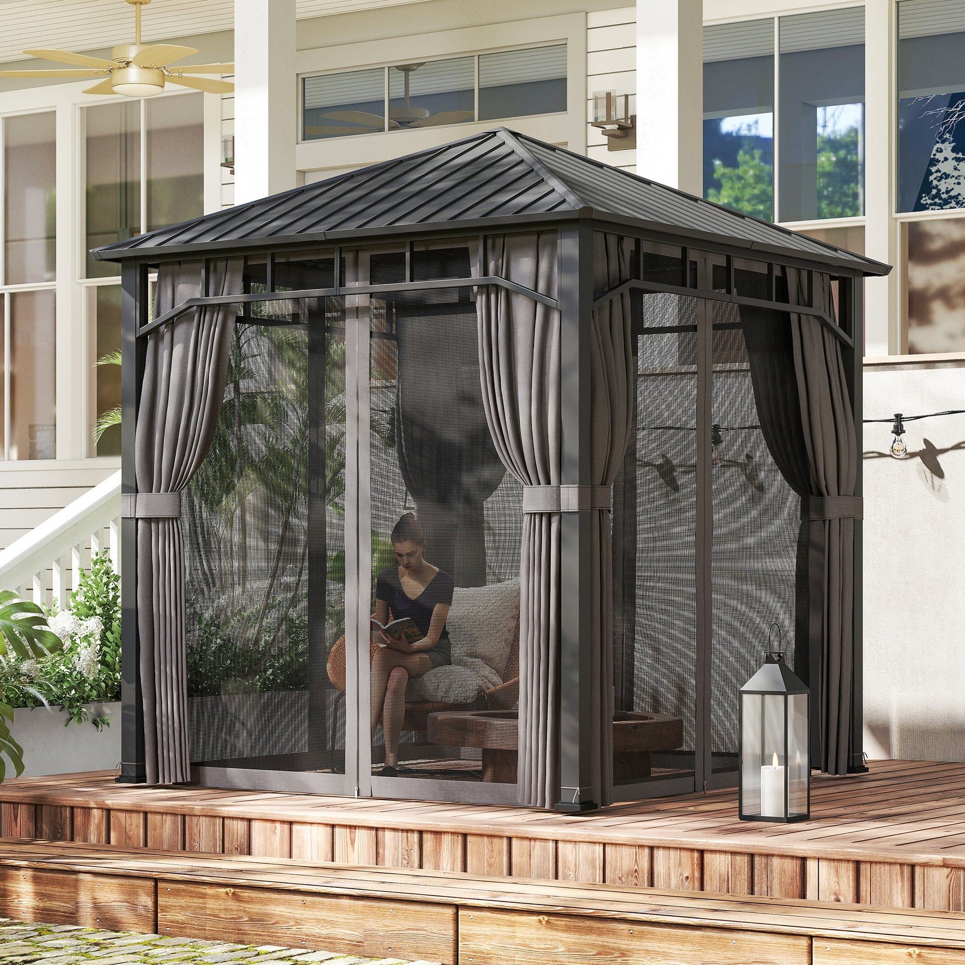 2.5 x 2.5 m Hardtop Gazebo with Galvanised Steel Roof, Waterproof Permanent Pavilion Garden Gazebo with Netting and Curtains for Patio, Deck, Dark Grey