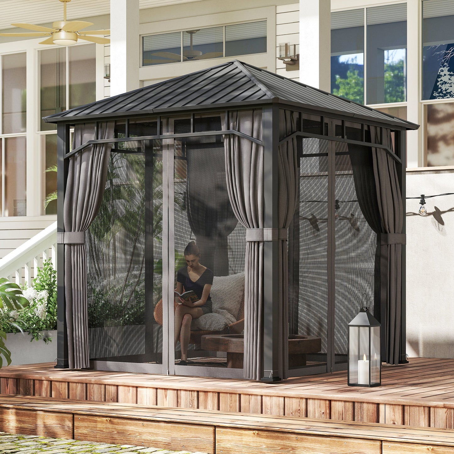 2.5 x 2.5 m Hardtop Gazebo with Galvanised Steel Roof, Waterproof Permanent Pavilion Garden Gazebo with Netting and Curtains for Patio, Deck, Dark Grey
