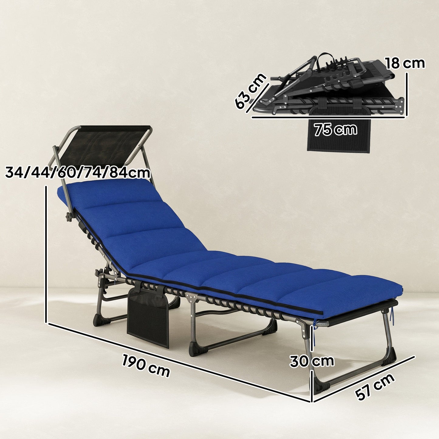 Folding Sun Lounger with Canopy, 5-Position Reclining Garden Lounger, Side Pocket, Headrest, Cushion, Portable Recliner Sunbed with Carry Handle for Camping Beach Patio, Dark Blue