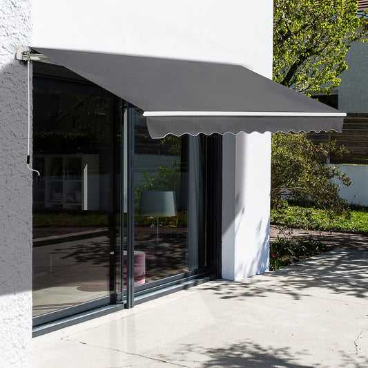 4x2.5m Retractable Manual Awning Window Door Sun Shade Canopy with Fittings and Crank Handle Grey