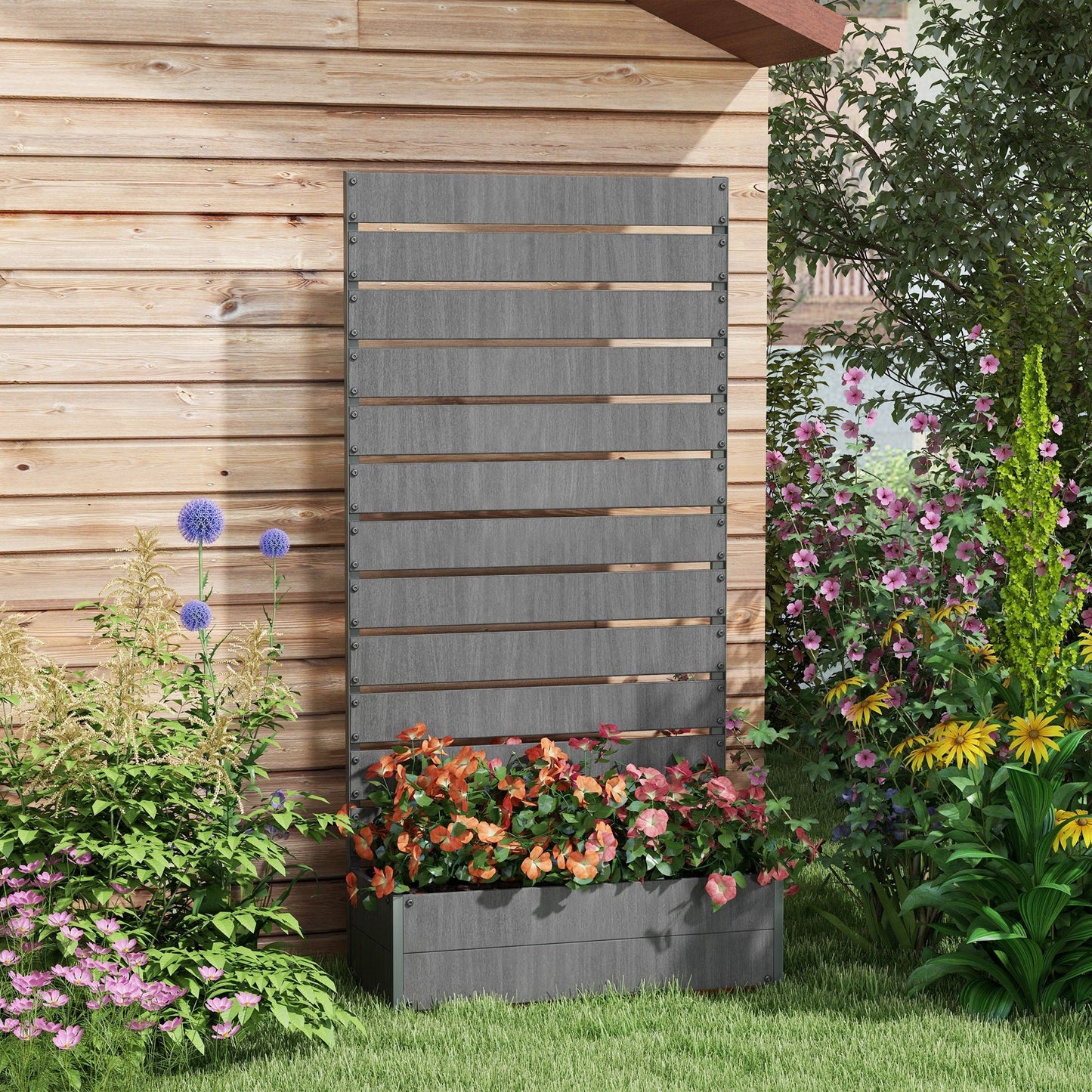 Garden Planter with Trellis for Climbing Plants, Vines, Flowers, Freestanding Raised Bed for Garden, Outdoor, Patio, Planter Box with Drainage Gap, Dark Grey