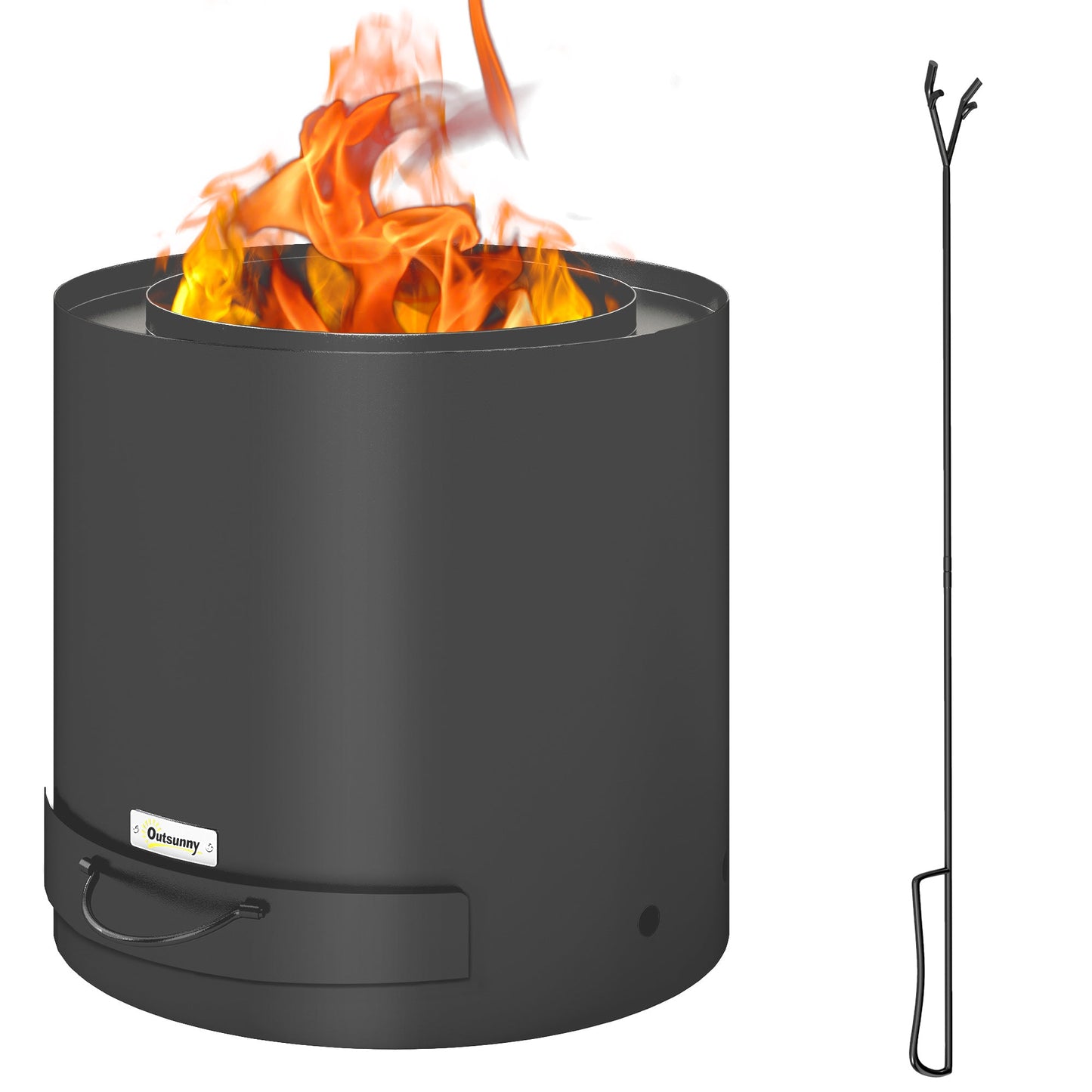 Outdoor Round Smokeless Fire Pit with Ash Tray, Wood Burning Firepit with Fire Poker for Patio Bonfire BBQ Camping, Black