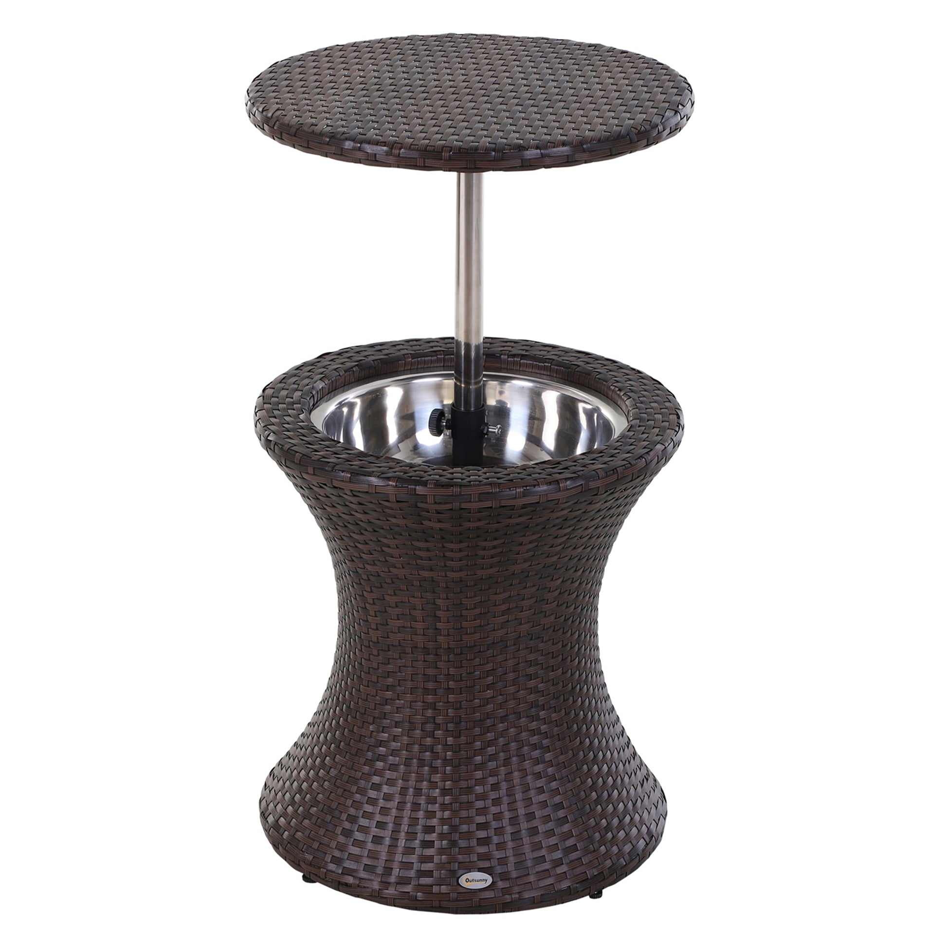 PE Rattan Ice Bucket Table, Height Adjustable Liftable Outdoor Drinks Cooler, 52 cm Round Garden Beer Cocktail Table with Lid for Bar, Patio, Terrace, Brown