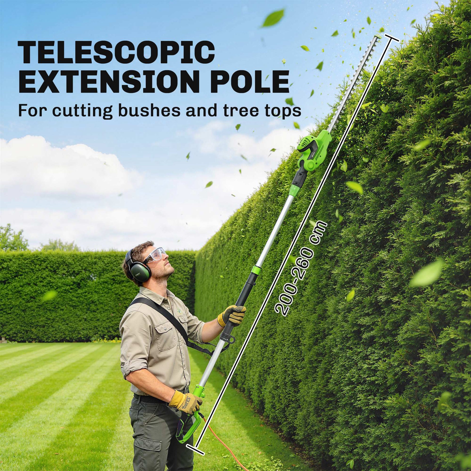2.6m Corded Extendable Hedge Trimmer with 90° Adjustable Head, 450W Telescopic Electric Hedge Cutter Long Reach with 51cm Dual Action Blades, Shoulder Strap, 10m Cable for Branches, Shrubs