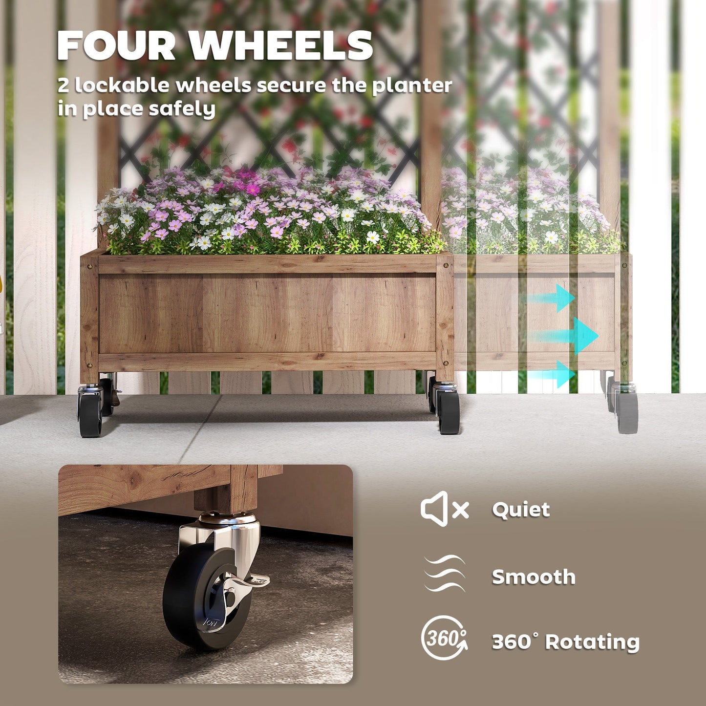 Raised Garden Bed with Metal Trellis, Pack of 2 Wooden Elevated Planter Box with Wheels and Drainage Holes, Outdoor Raised Planter for Climbing Plants, Fruits, Vegetables, Flowers, Brown