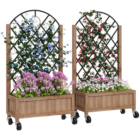 Raised Garden Bed with Metal Trellis, Pack of 2 Wooden Elevated Planter Box with Wheels and Drainage Holes, Outdoor Raised Planter for Climbing Plants, Fruits, Vegetables, Flowers, Brown