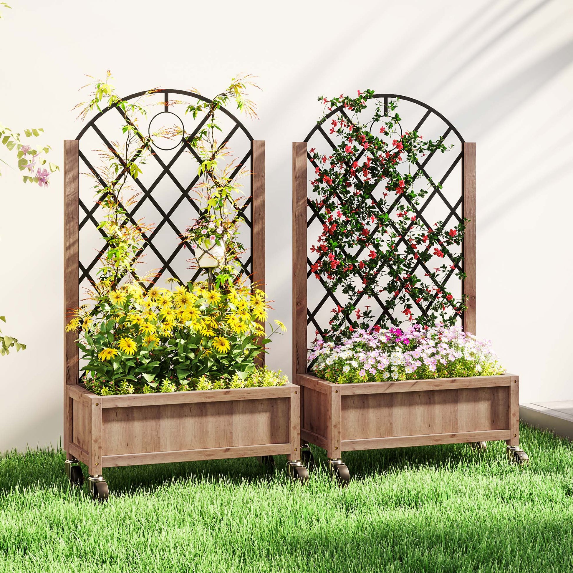 Raised Garden Bed with Metal Trellis, Pack of 2 Wooden Elevated Planter Box with Wheels and Drainage Holes, Outdoor Raised Planter for Climbing Plants, Fruits, Vegetables, Flowers, Brown