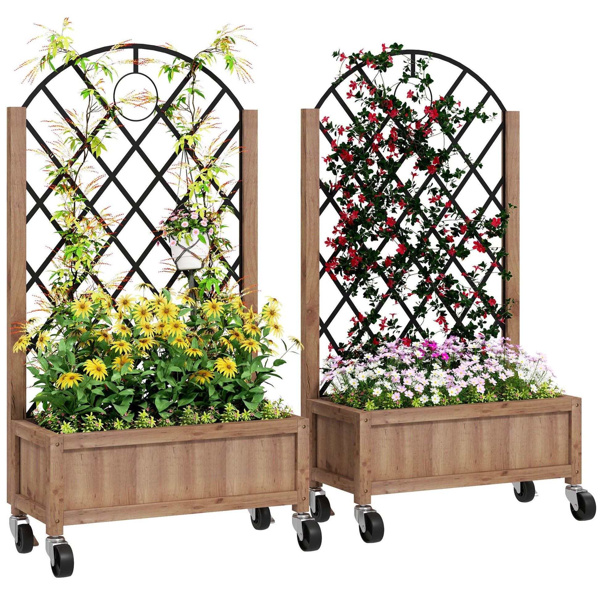 Raised Garden Bed with Metal Trellis, Pack of 2 Wooden Elevated Planter Box with Wheels and Drainage Holes, Outdoor Raised Planter for Climbing Plants, Fruits, Vegetables, Flowers, Brown