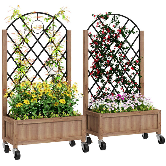 Raised Garden Bed with Metal Trellis, Pack of 2 Wooden Elevated Planter Box with Wheels and Drainage Holes, Outdoor Raised Planter for Climbing Plants, Fruits, Vegetables, Flowers, Brown