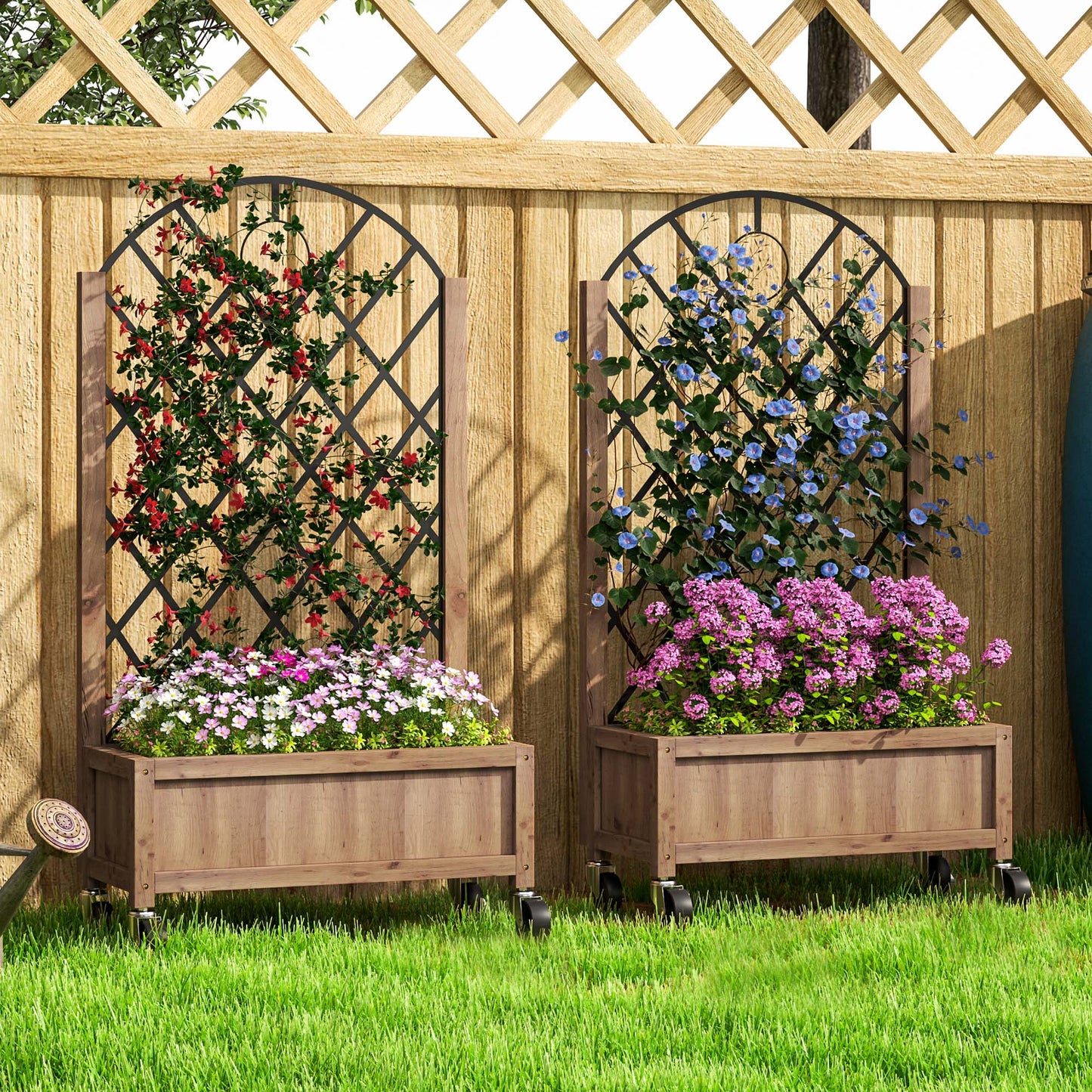 Raised Garden Bed with Metal Trellis, Pack of 2 Wooden Elevated Planter Box with Wheels and Drainage Holes, Outdoor Raised Planter for Climbing Plants, Fruits, Vegetables, Flowers, Brown