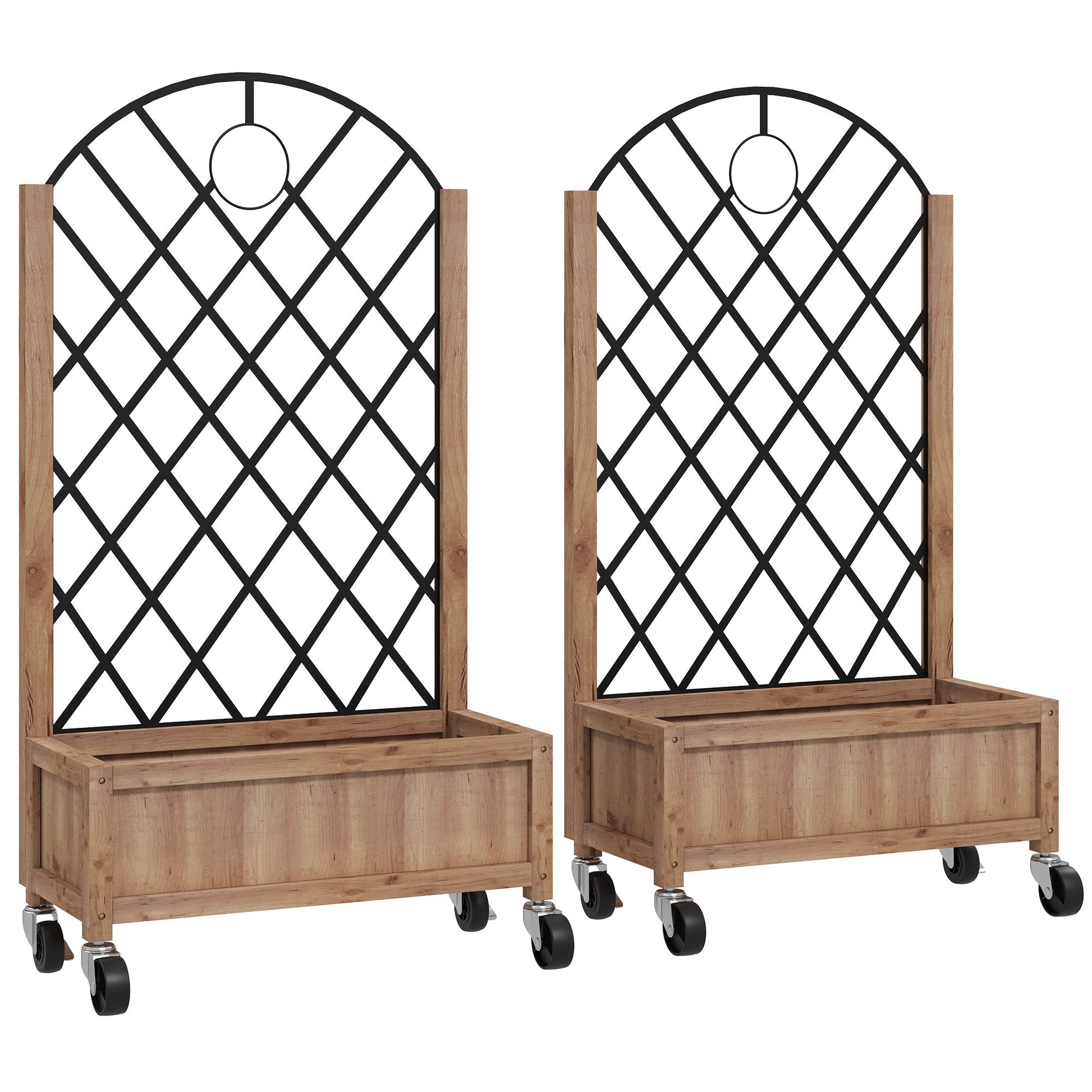 Raised Garden Bed with Metal Trellis, Pack of 2 Wooden Elevated Planter Box with Wheels and Drainage Holes, Outdoor Raised Planter for Climbing Plants, Fruits, Vegetables, Flowers, Brown