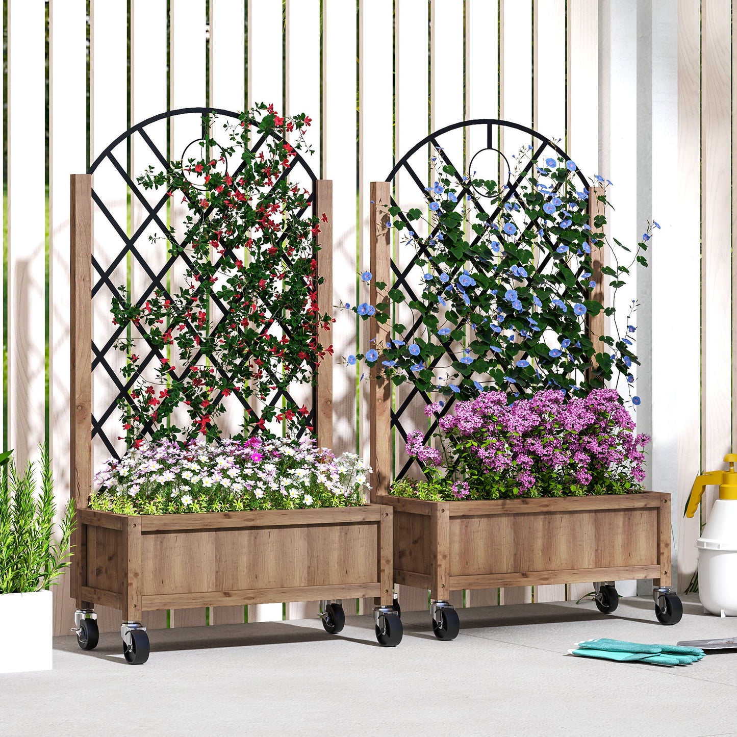 Raised Garden Bed with Metal Trellis, Pack of 2 Wooden Elevated Planter Box with Wheels and Drainage Holes, Outdoor Raised Planter for Climbing Plants, Fruits, Vegetables, Flowers, Brown