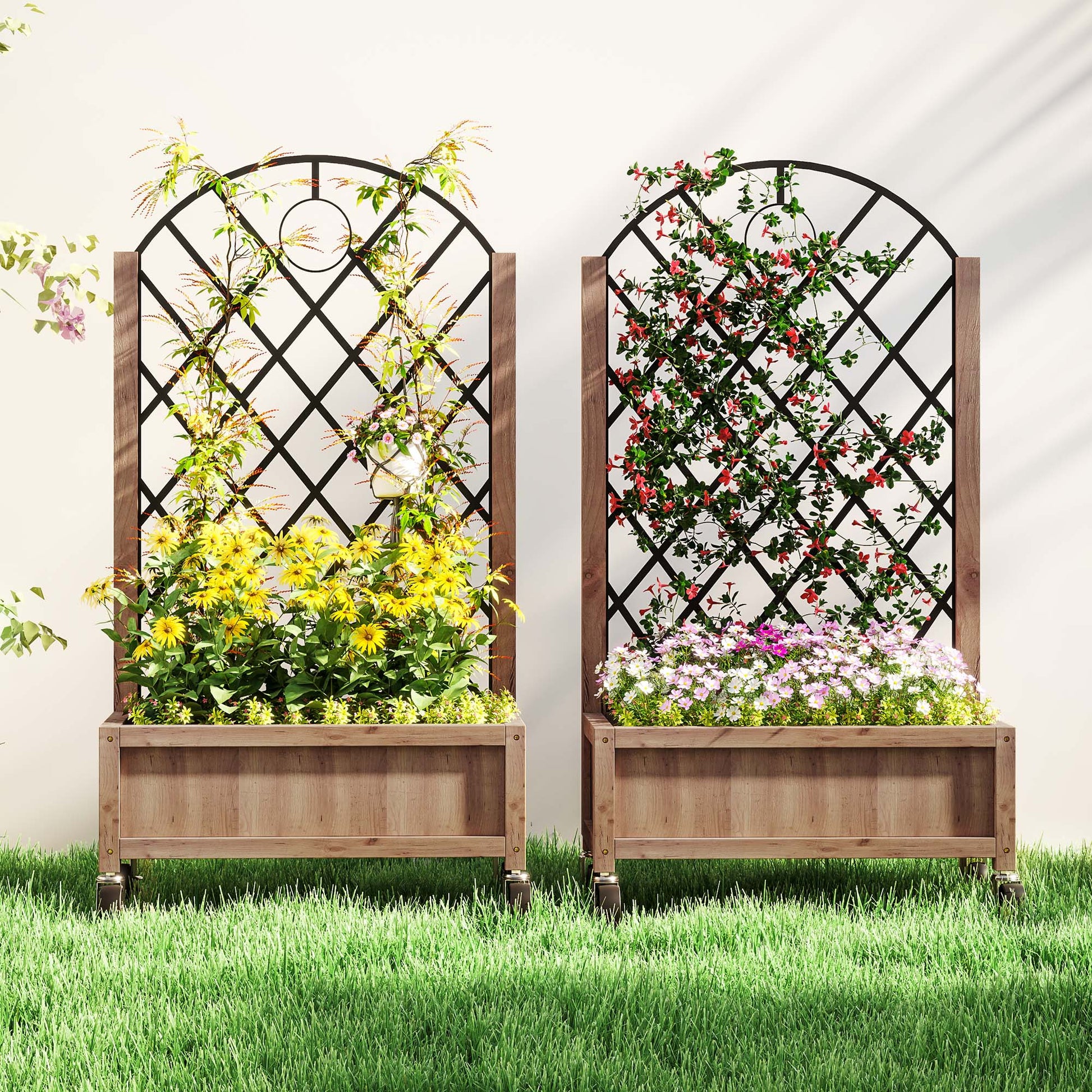 Raised Garden Bed with Metal Trellis, Pack of 2 Wooden Elevated Planter Box with Wheels and Drainage Holes, Outdoor Raised Planter for Climbing Plants, Fruits, Vegetables, Flowers, Brown