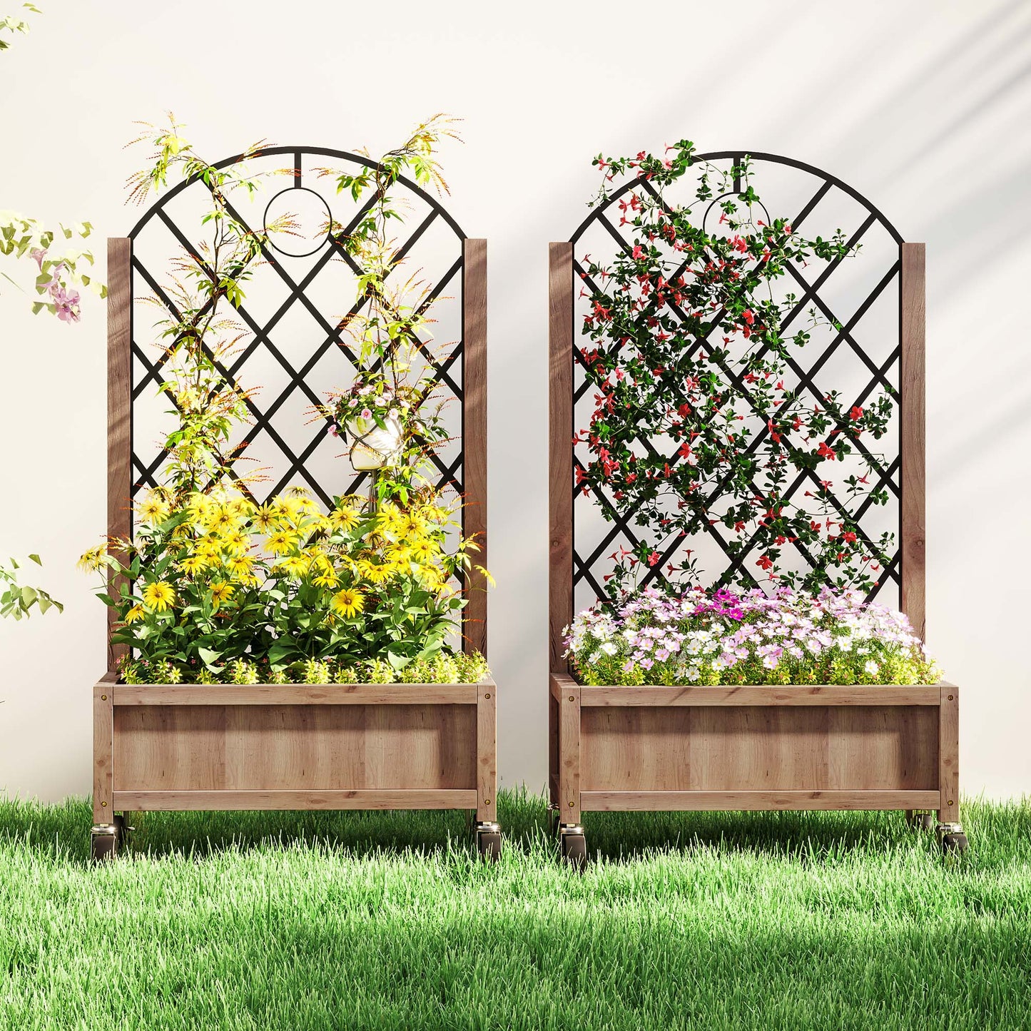 Raised Garden Bed with Metal Trellis, Pack of 2 Wooden Elevated Planter Box with Wheels and Drainage Holes, Outdoor Raised Planter for Climbing Plants, Fruits, Vegetables, Flowers, Brown