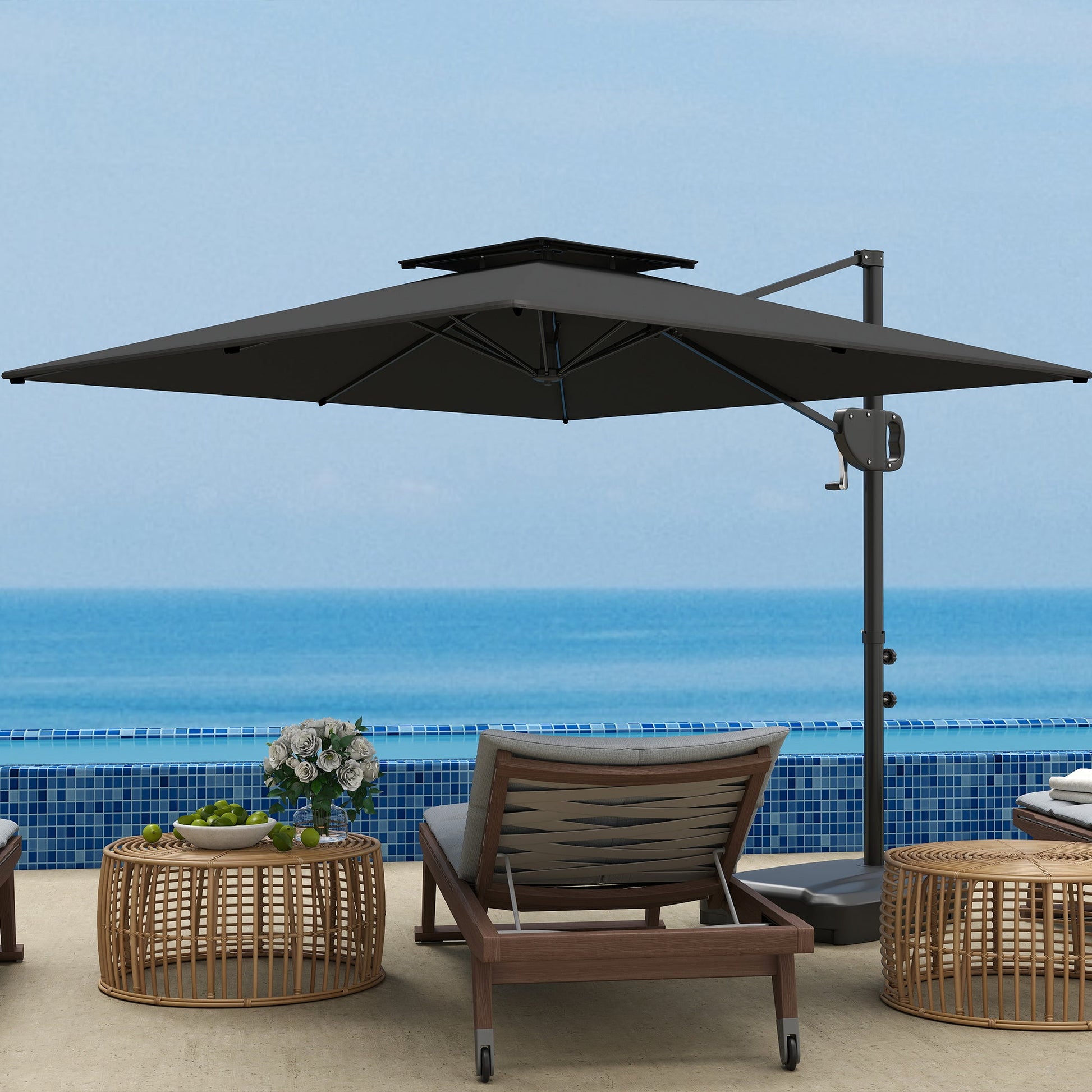2.5m Garden Cantilever Parasol with Fillable Base, Up to 40kg, Double Top Garden Parasol, Square Overhanging Patio Umbrella with Crank Handle and Tilt for Outdoor Sun Shade, Dark Grey