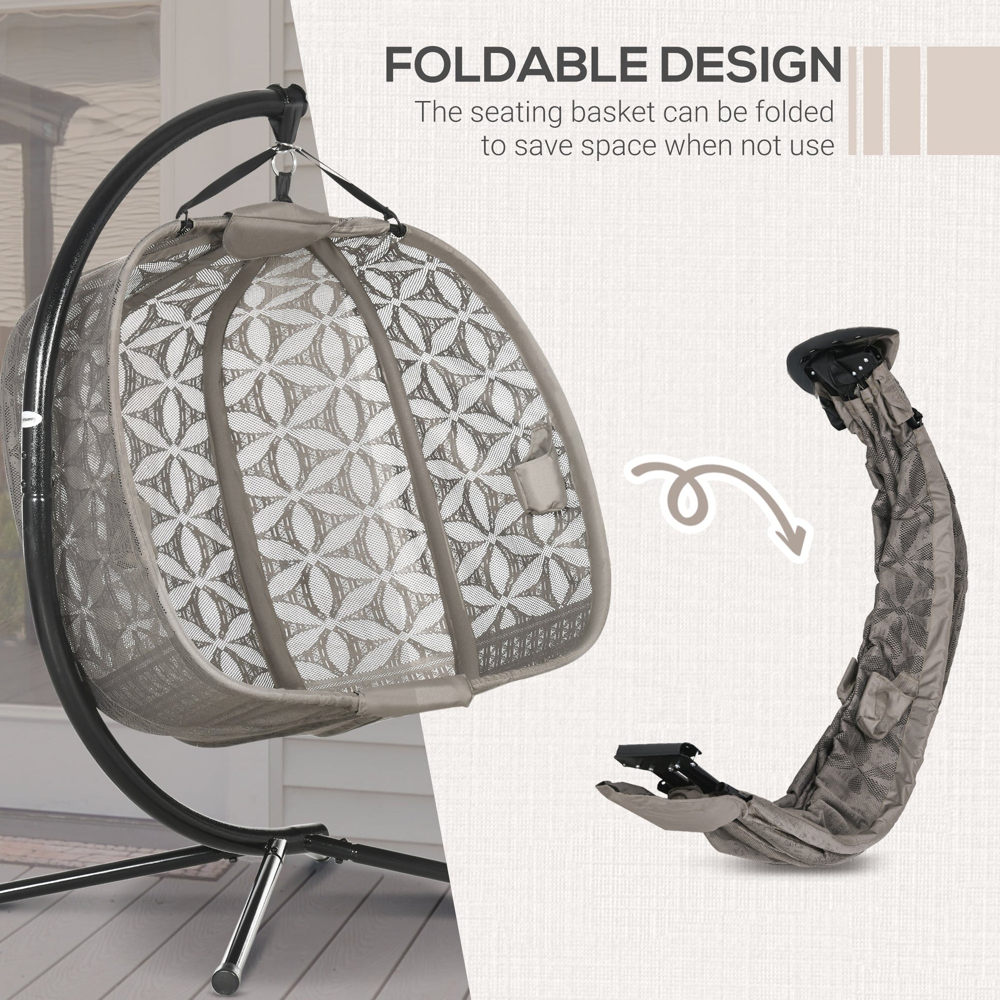 Outdoor Double Hanging Chair, Swing Chair with Metal Stand, Thick Padded Cushion, Foldable Basket and Cup Holders, for Indoor and Outdoor, Sand Brown