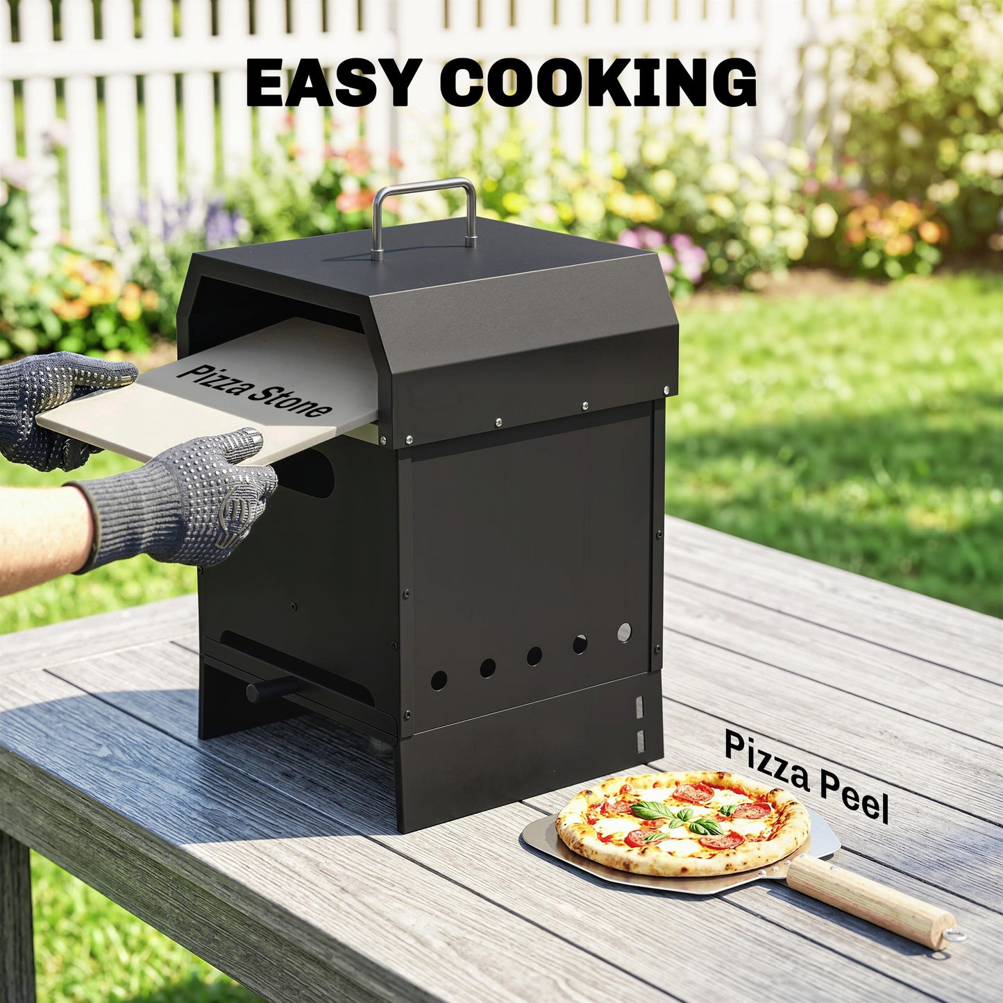 3 in 1 Outdoor Pizza Oven, Portable Wood Fired Pizza Maker with Handles, Stone and Peel, Charcoal BBQ Grill for Garden, Party, Camping, Picnic
