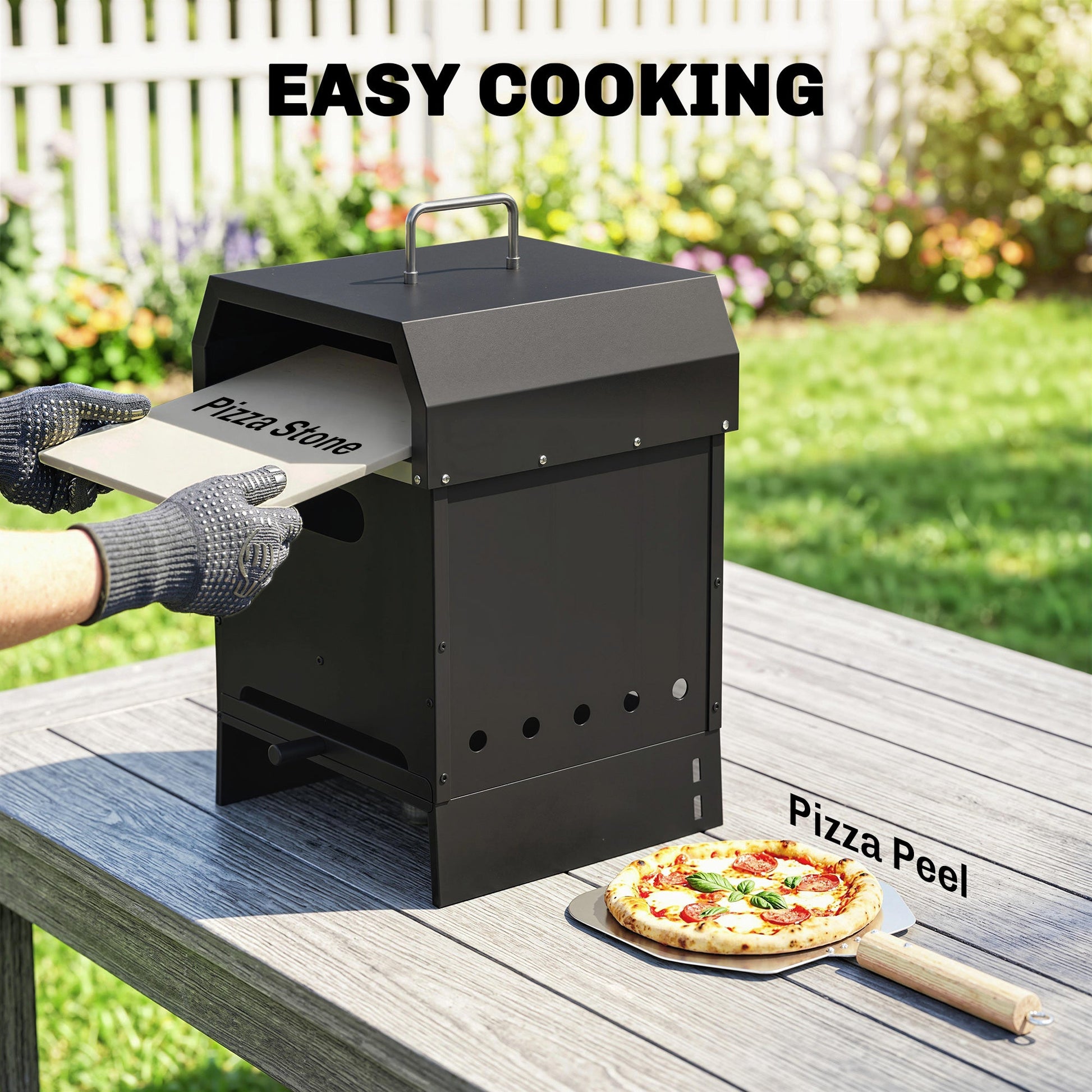 3 in 1 Outdoor Pizza Oven, Portable Wood Fired Pizza Maker with Handles, Stone and Peel, Charcoal BBQ Grill for Garden, Party, Camping, Picnic