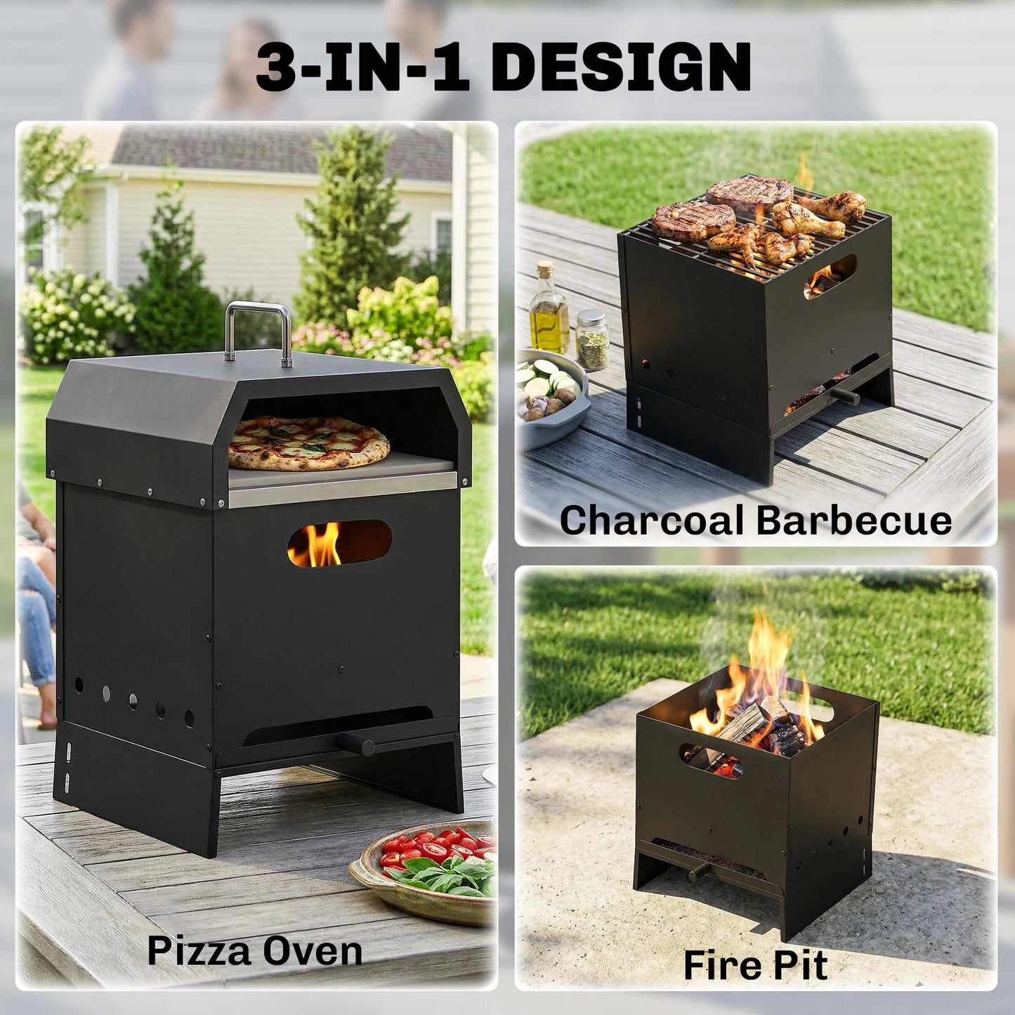 3 in 1 Outdoor Pizza Oven, Portable Wood Fired Pizza Maker with Handles, Stone and Peel, Charcoal BBQ Grill for Garden, Party, Camping, Picnic