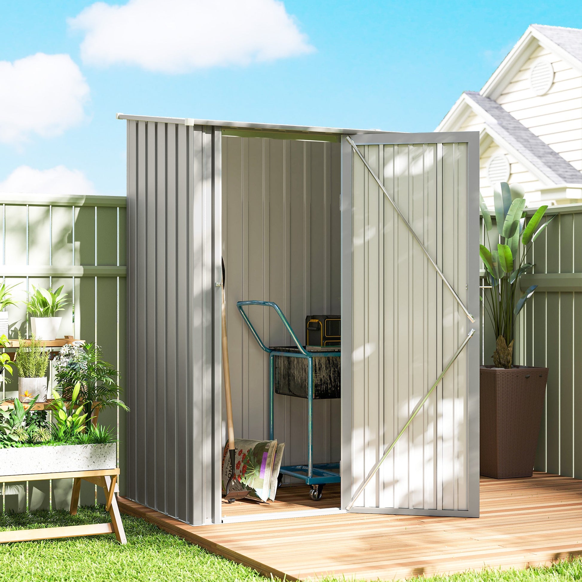 5ft x 3ft Garden Storage Shed, Outdoor Metal Shed with Sloped Roof, Lockable Door for Tools, Equipment, Aluminium Grey