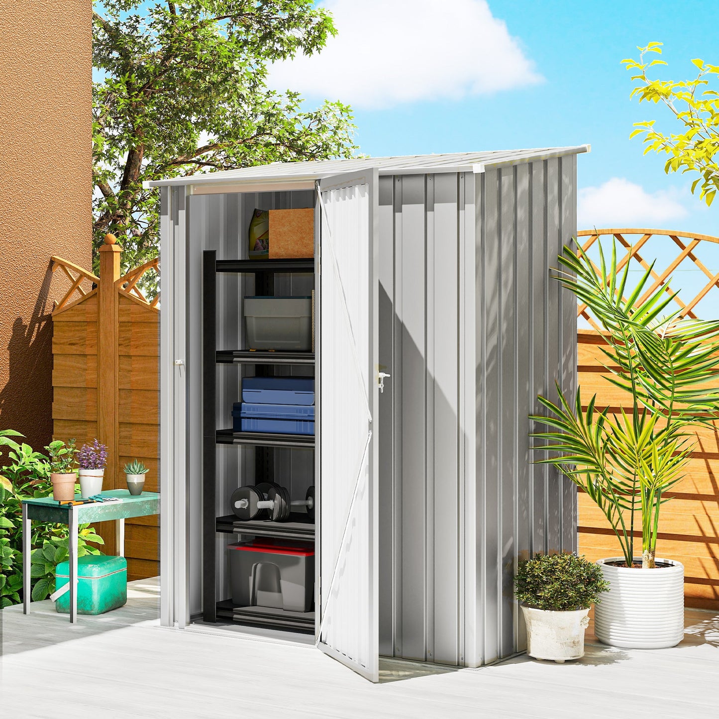5ft x 3ft Garden Storage Shed, Outdoor Metal Shed with Sloped Roof, Lockable Door for Tools, Equipment, Aluminium Grey