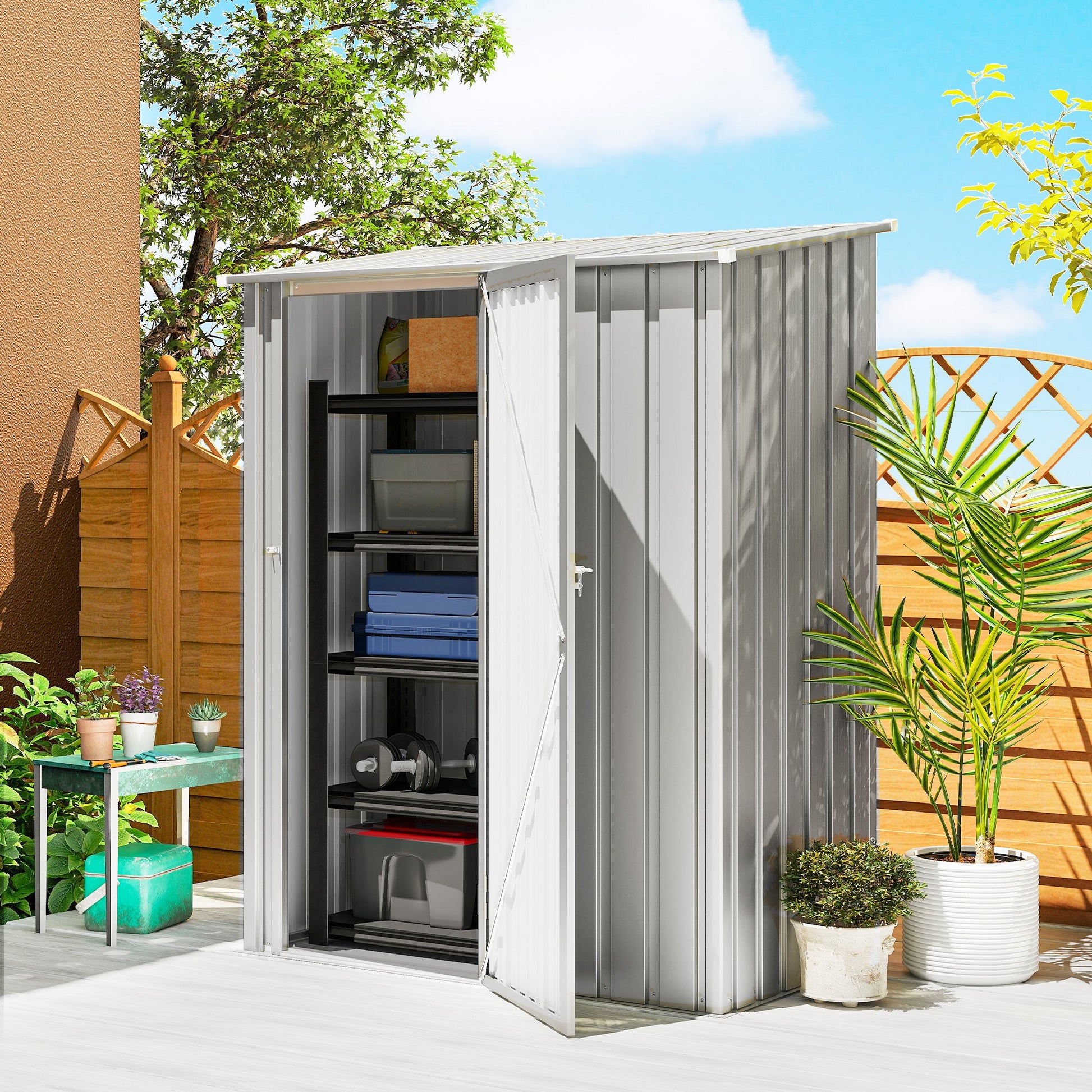 5ft x 3ft Garden Storage Shed, Outdoor Metal Shed with Sloped Roof, Lockable Door for Tools, Equipment, Aluminium Grey