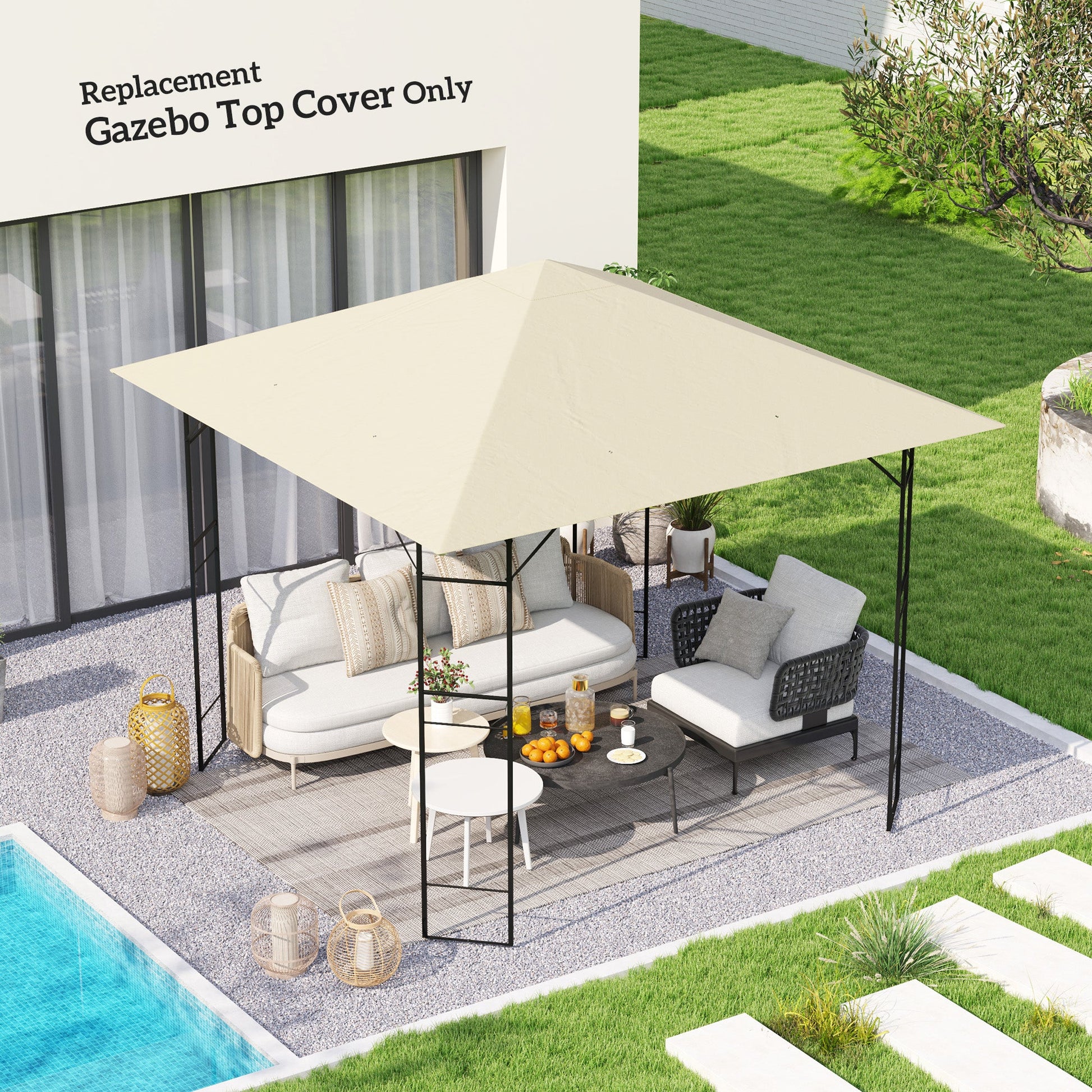3 x 3(m) Gazebo Canopy Replacement Cover, Garden Gazebo Roof Replacement with Drain Holes, Water Resistant PVC Coating, 370g/㎡, UPF30+, TOP COVER ONLY, Cream White