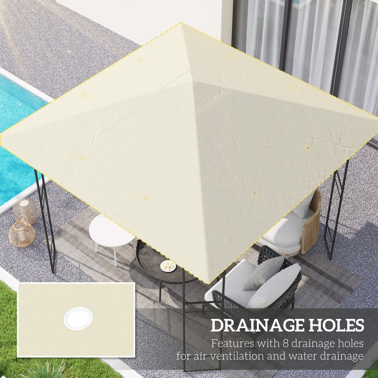 3 x 3(m) Gazebo Canopy Replacement Cover, Garden Gazebo Roof Replacement with Drain Holes, Water Resistant PVC Coating, 370g/㎡, UPF30+, TOP COVER ONLY, Cream White