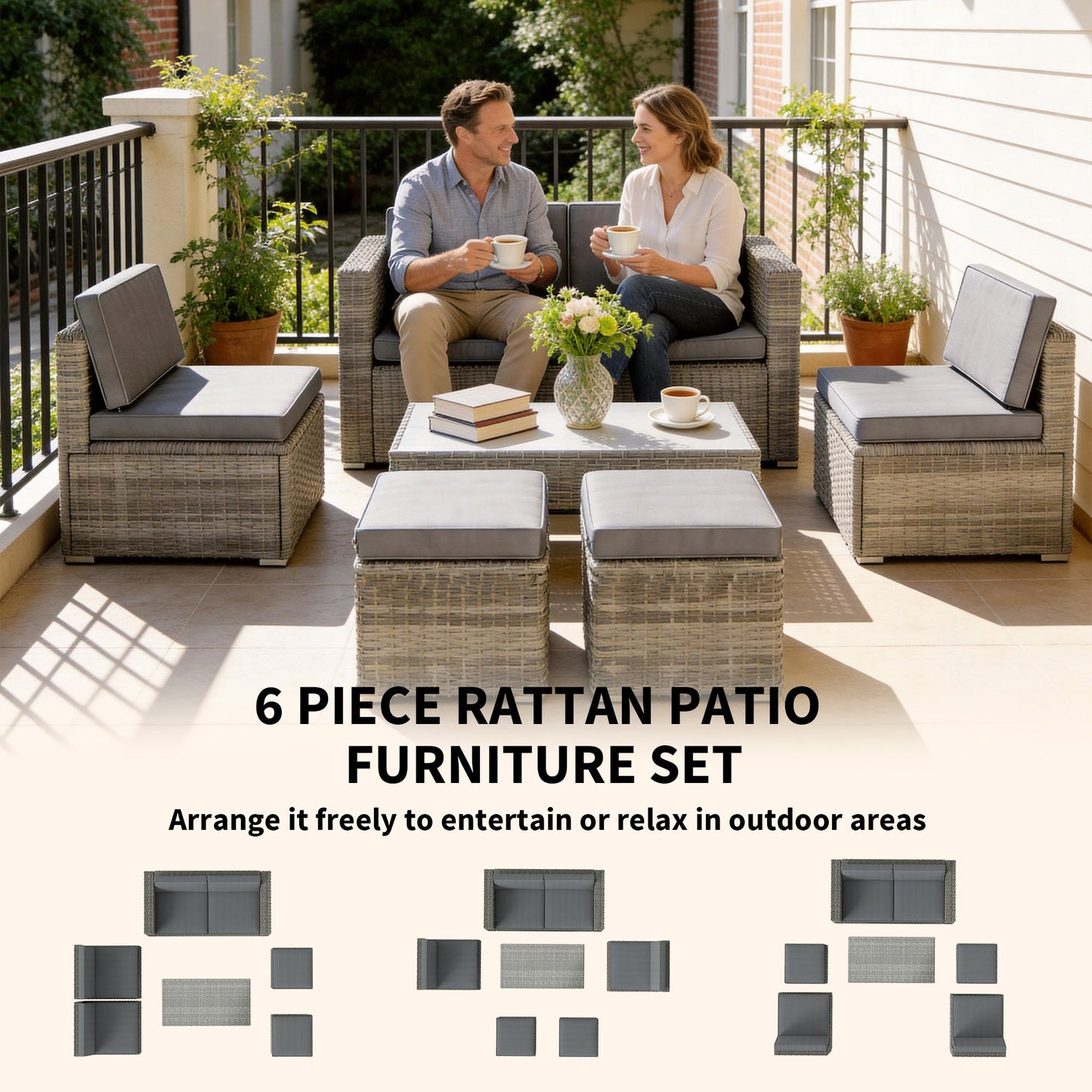 6 Piece Rattan Garden Furniture Set, 6 Seater Nesting Wicker Patio Conversation Set with Loveseat, 2 Chairs, Glass Top Table, 2 Footstools, Cushions, Adjustable Pads for Outdoor, Dark Grey